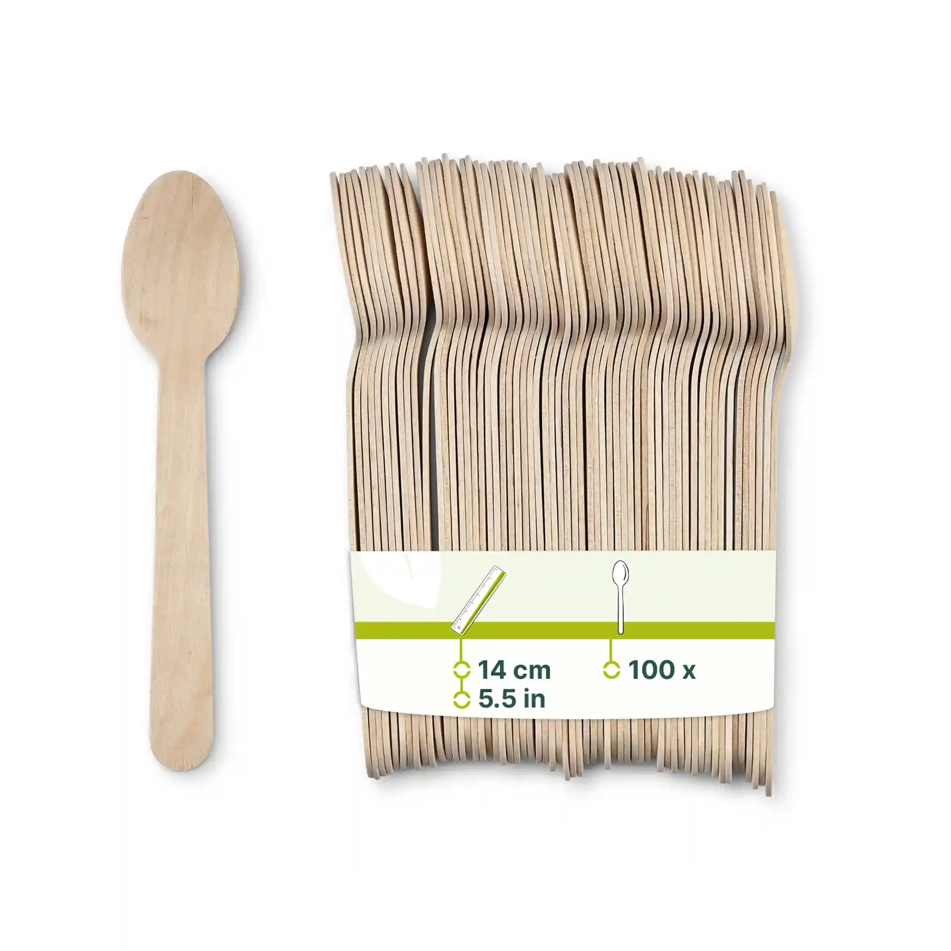 Wooden spoons in a pack of 100, each measuring 14 cm, displayed with one spoon beside the bundle.