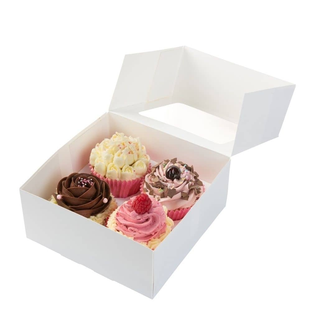 4er Cupcake-Boxen inkl. Einlage, PLA-Fenster, weiß