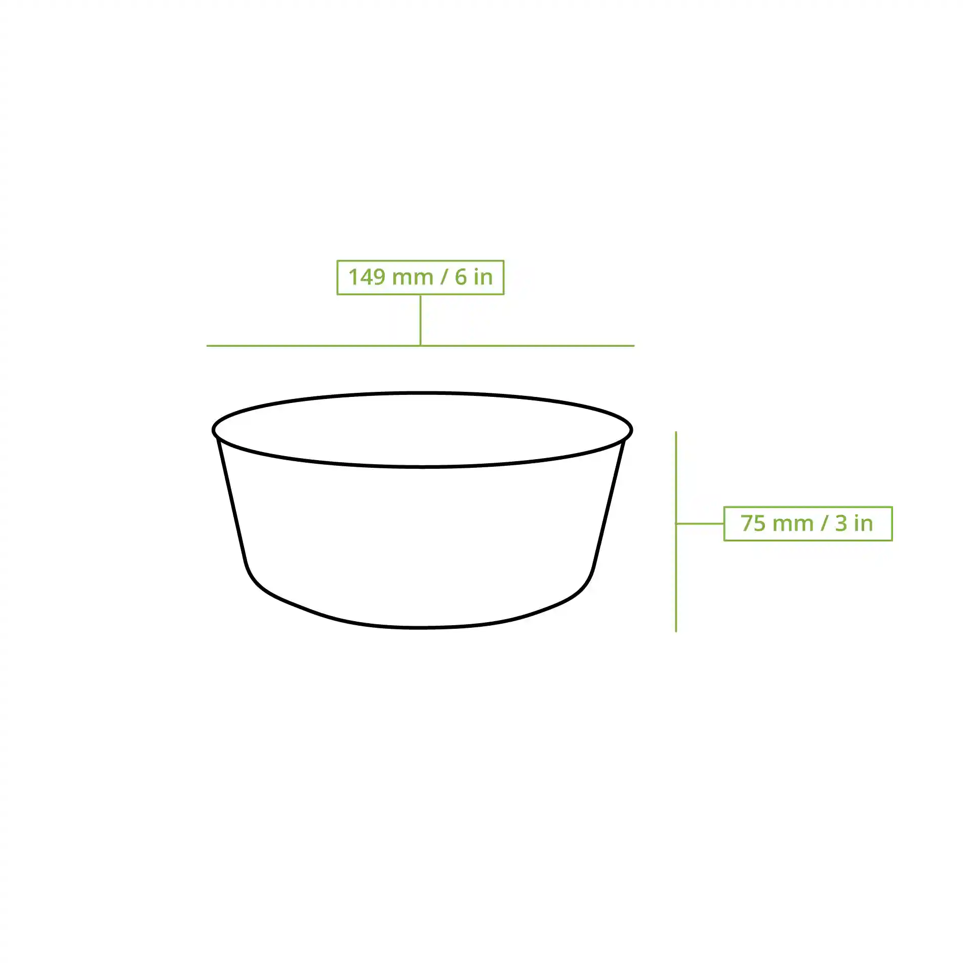 Schematic drawing of a round cardboard bowl with dimensions 150 mm diameter and 75 mm height.
