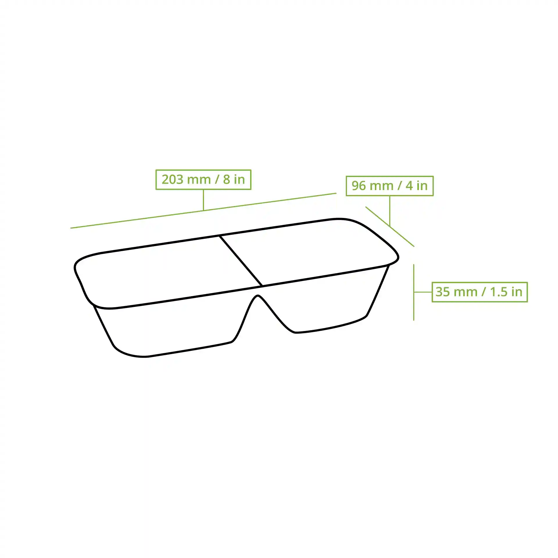 Schematic drawing of a rectangular bagasse chip tray with two compartments and dimension lines indicating size.