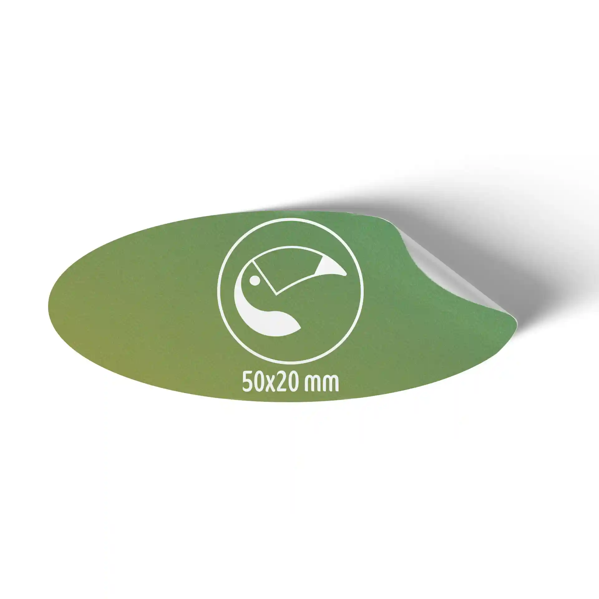 Oval printed label in green with a white symbol and dimensions of 50x20 mm, made from recycled adhesive paper.