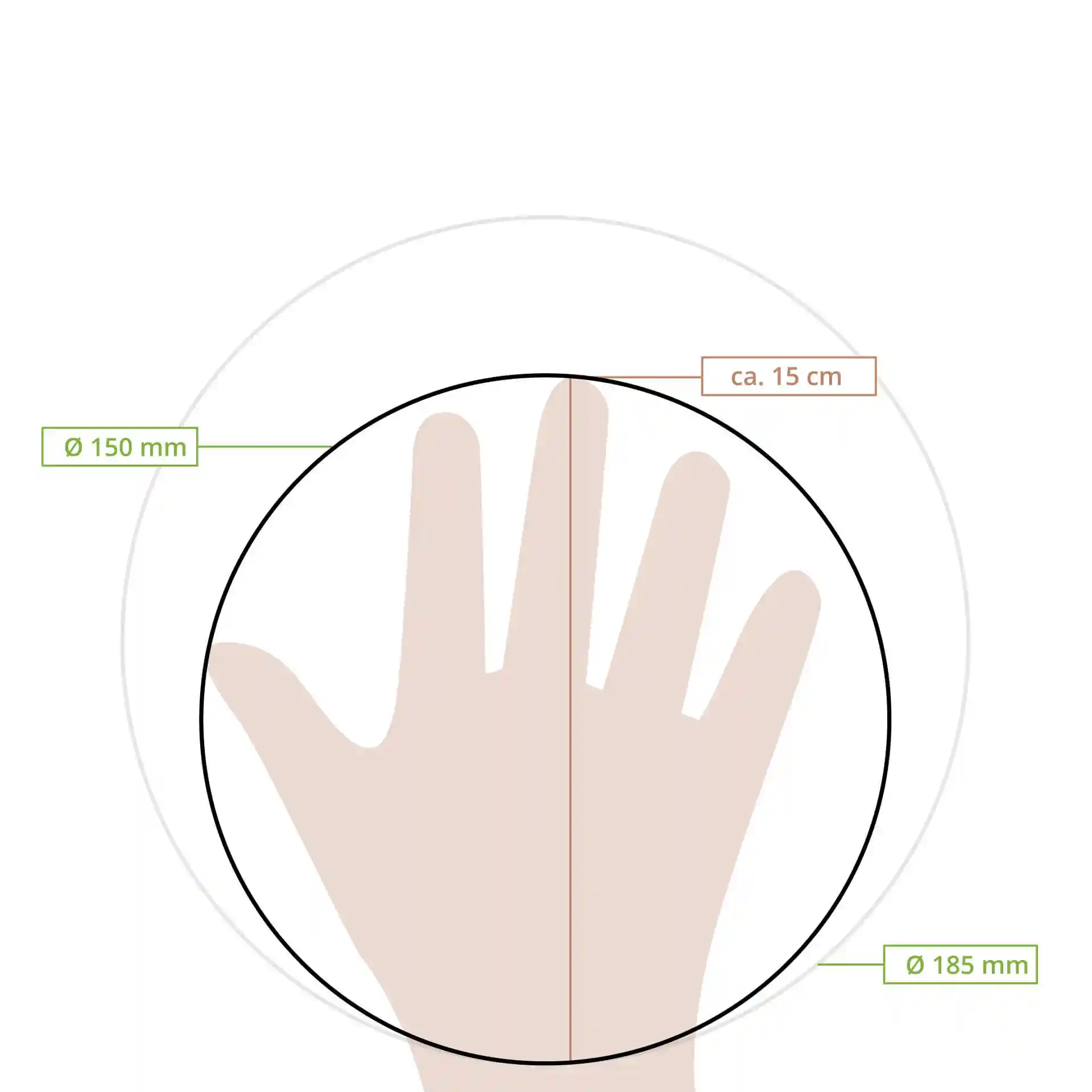 Schematic drawing of a hand inside a circle with diameter markings of 150 mm and 185 mm on a plain background.