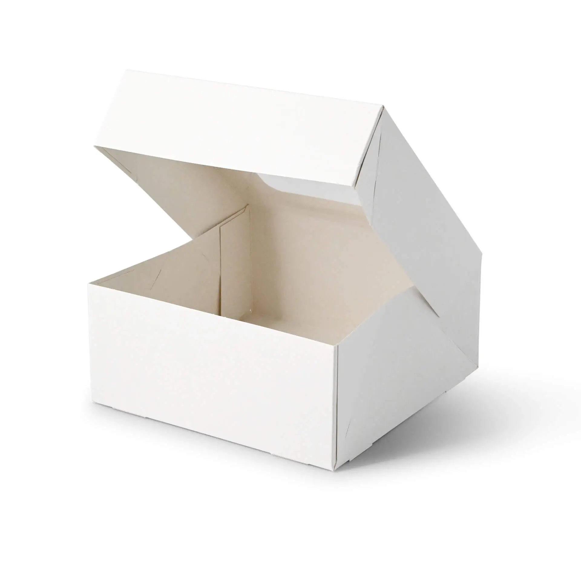 Weiße Cupcake-Box mit offenem Deckel, für vier Cupcakes oder Backwaren, mit Cellulosefenster.