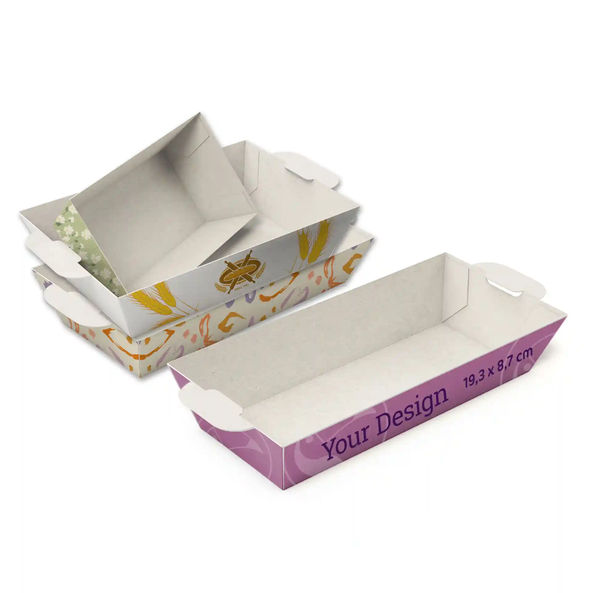 Rechteckige weiße Snacktabletts mit verschiedenen Designs, 19,3 x 8,7 cm, gestapelt ineinander.