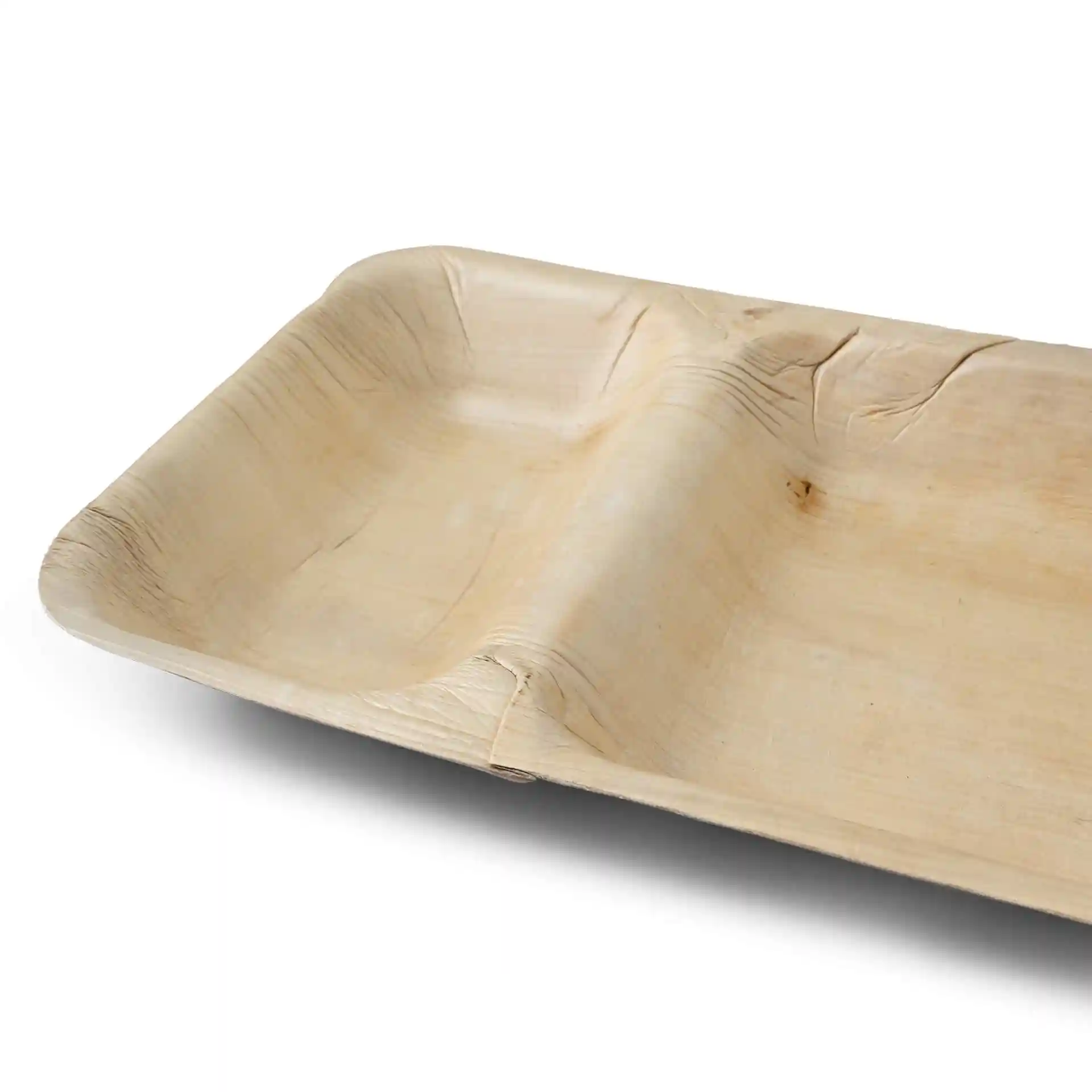 Rectangular palm leaf dinner plate with two compartments, measuring 25 x 15 cm, showing a natural grain texture.