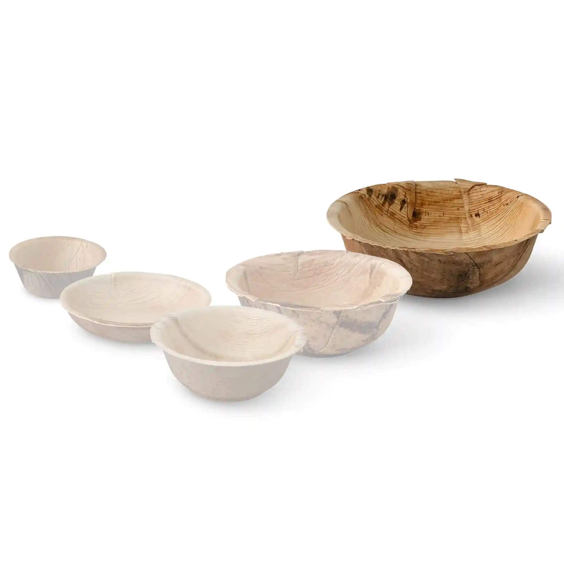 Set of five round palm leaf bowls in varying sizes, showcasing a natural grain texture.