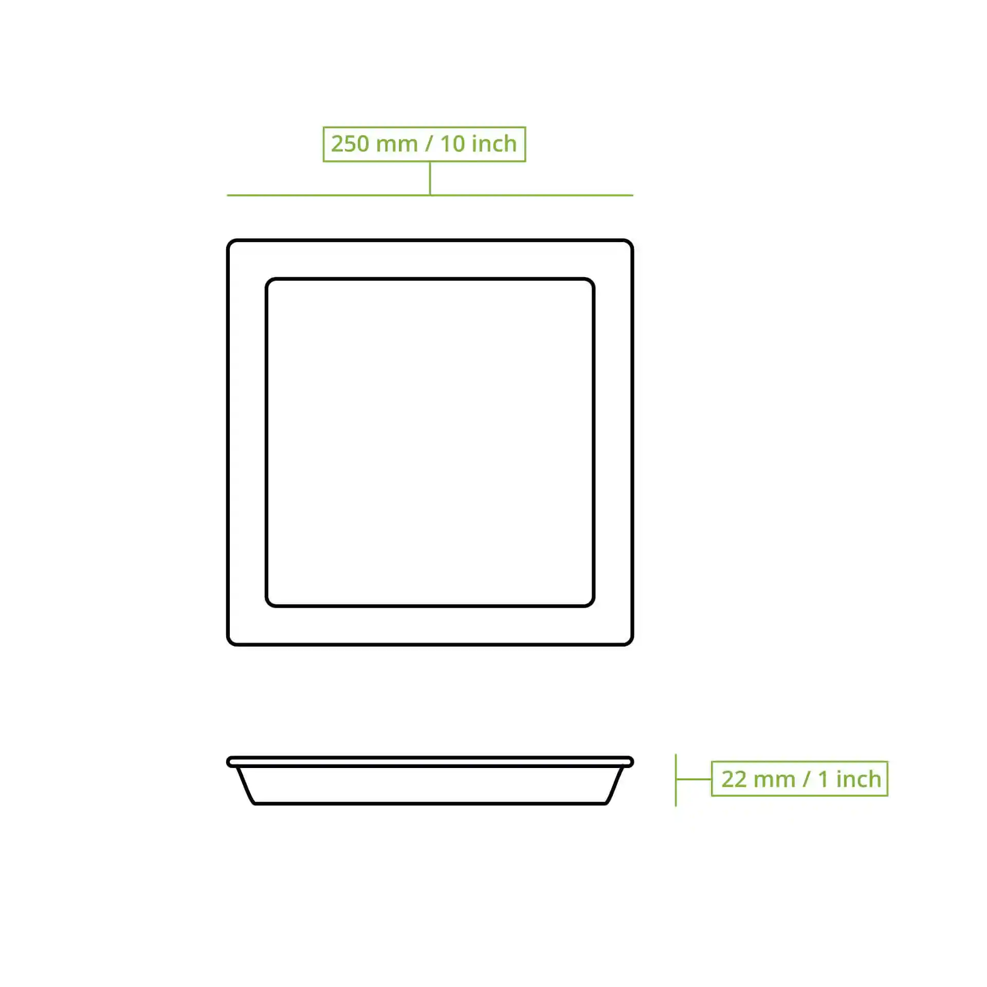 Schematic drawing of a square palm leaf plate with dimensions 250 mm by 250 mm and height 22 mm.