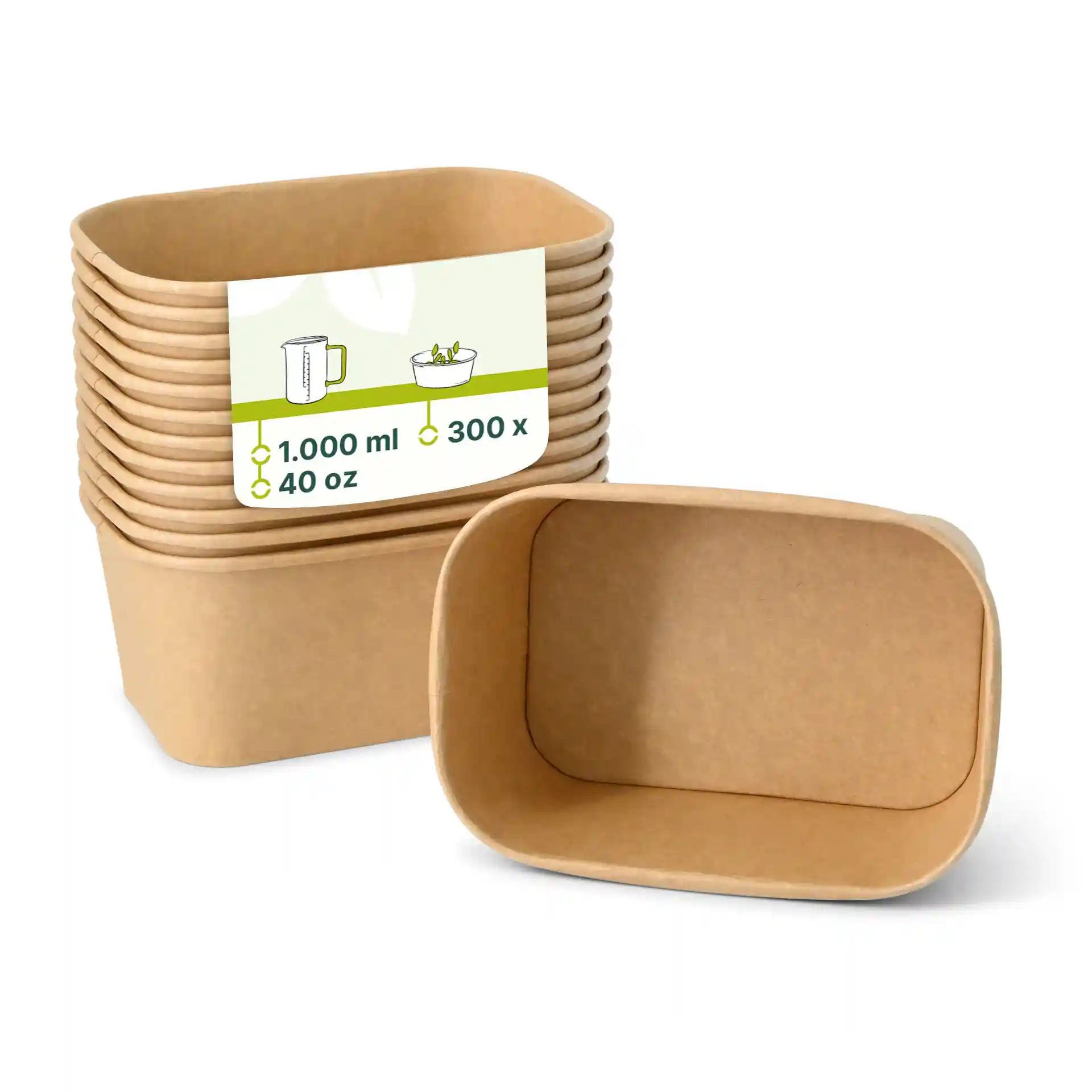 Stack of rectangular kraft food containers with one container in front, showing a label with markings.
