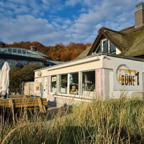 Building with a thatched roof and large windows, featuring a sign labeled "DÜNE 1" and surrounded by tall grass.