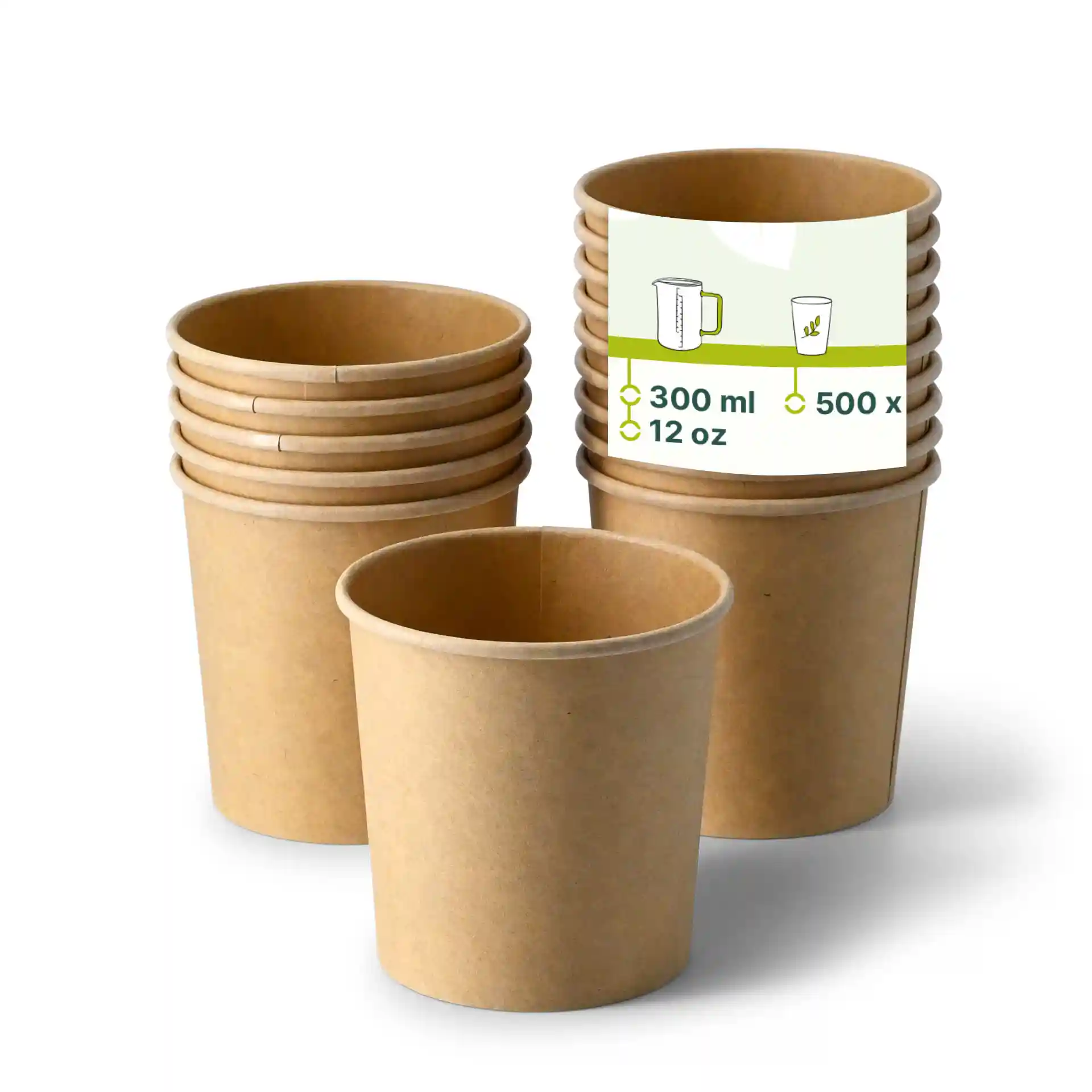 Brown paperboard soup containers stacked, with one container in front showing the interior.