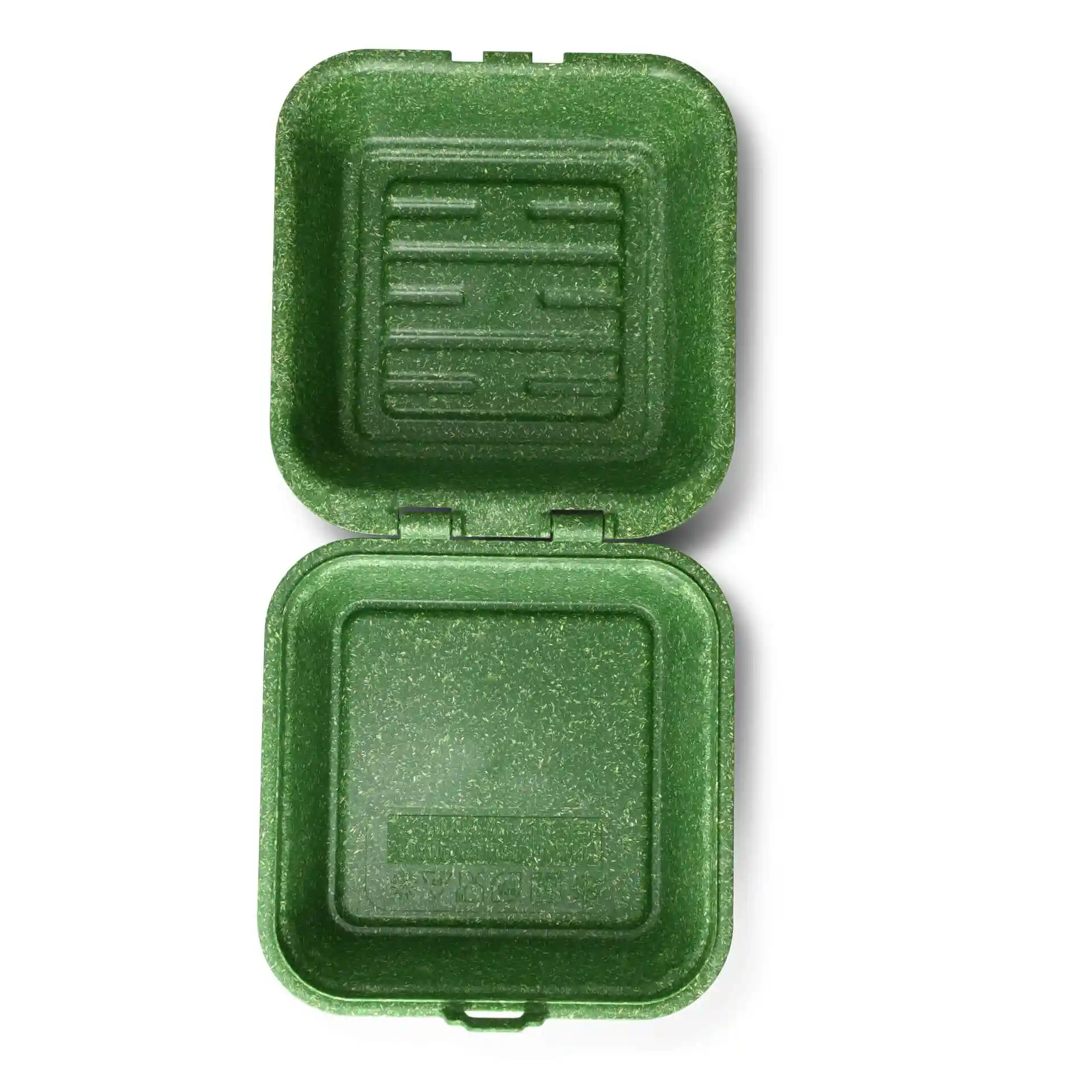 Offene grüne wiederverwendbare Burgerbox mit strukturiertem Innenraum, 16 x 15 x 8,5 cm groß.