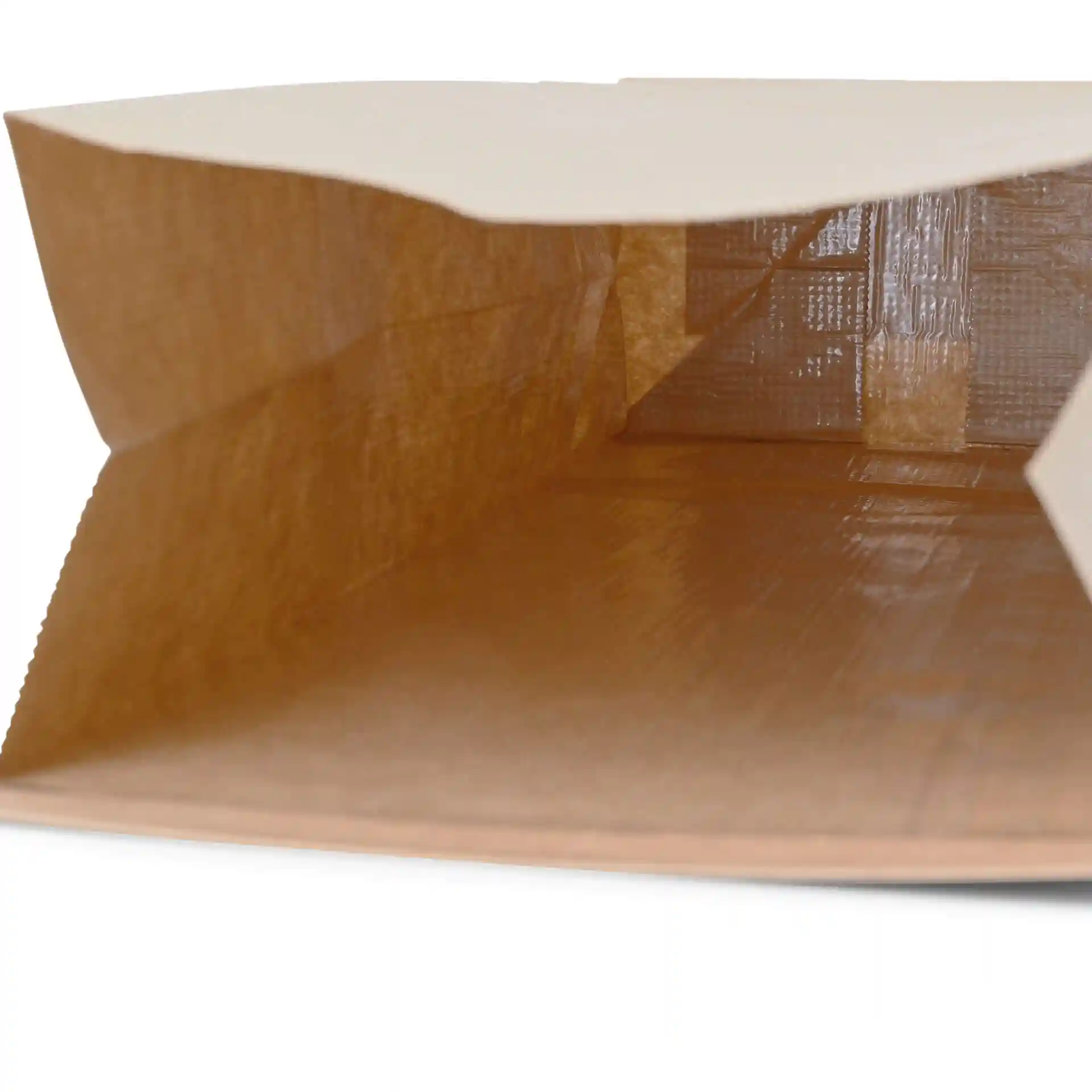 Braune Kraftpapier-Tüte mit Blockboden und offenem oberen Ende, zeigt das Innere und den Drahtverschluss.