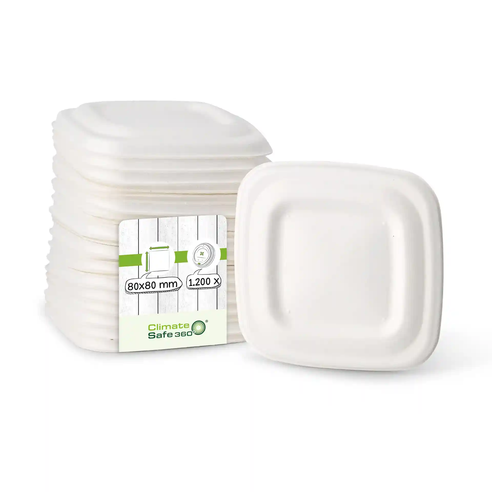 Stack of white square sugarcane lids measuring 80 x 80 mm, with one lid slightly tilted to show its shape.