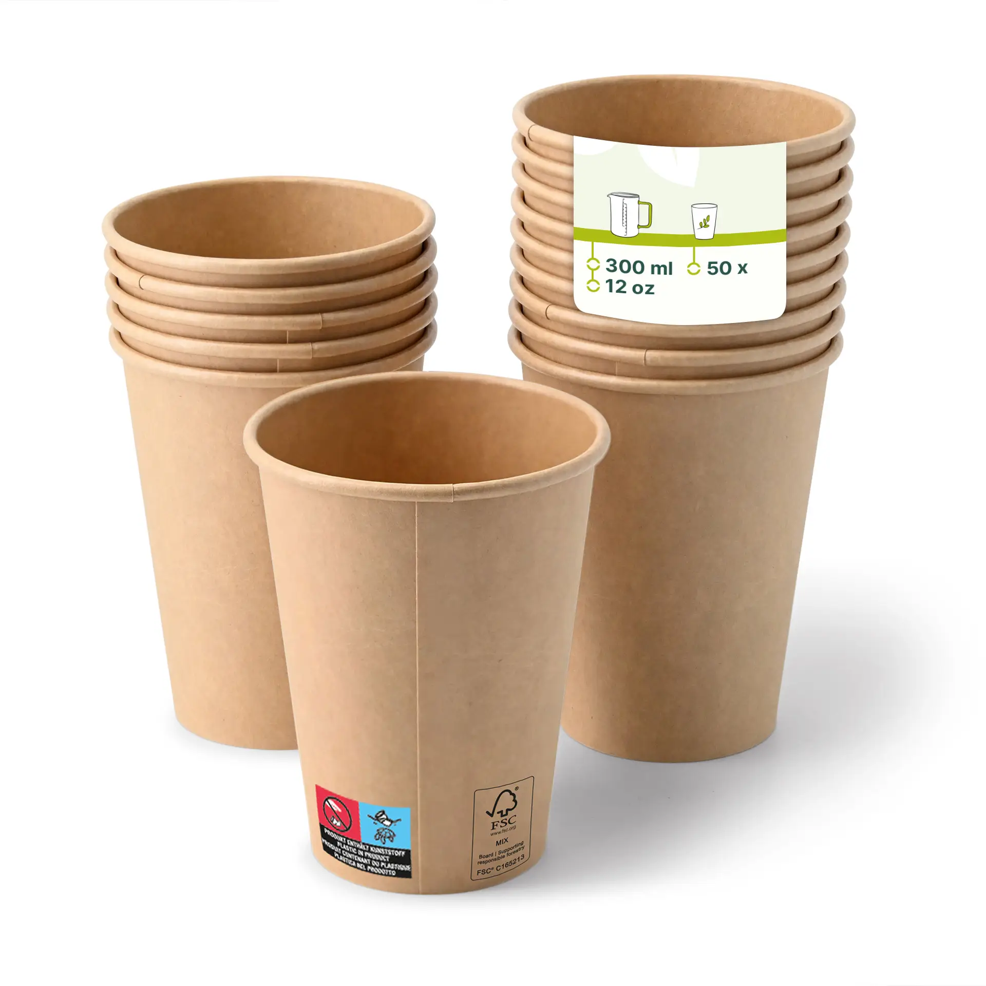 One brown paper cup in focus with several stacked cups behind; two cups display a label with product details and markings.