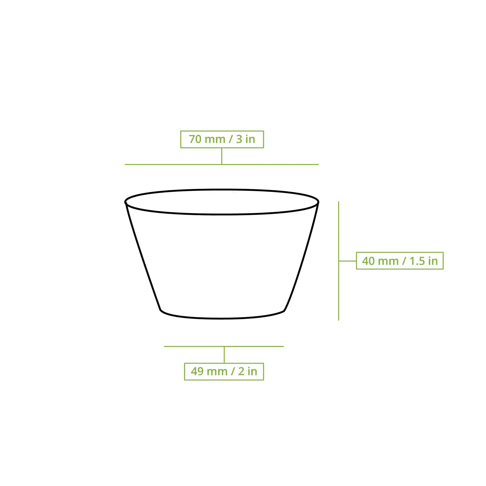 Schematische Zeichnung eines transparenten Bechers mit Abmessungen: 70 mm Durchmesser, 40 mm Höhe und 49 mm Fußdurchmesser.