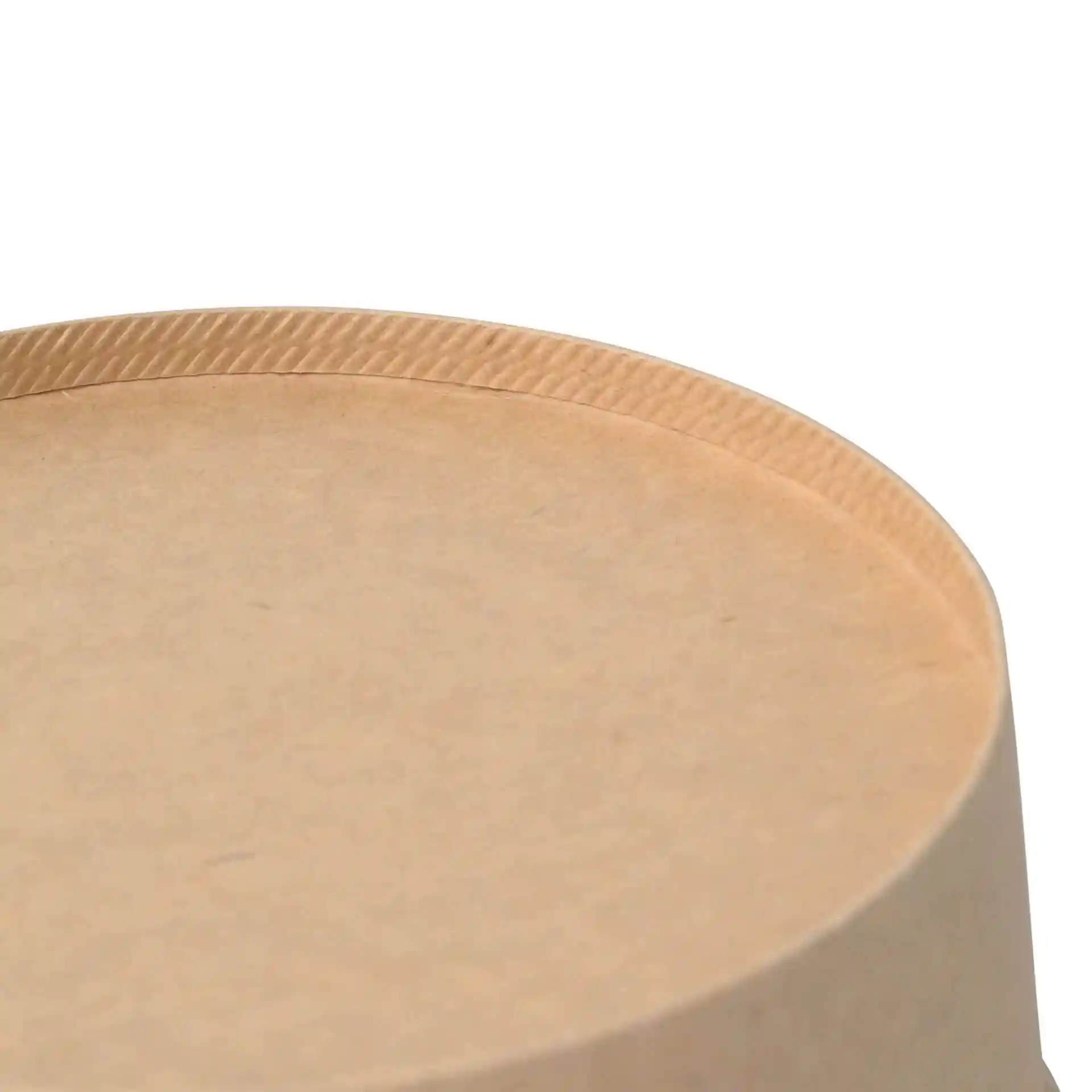 Close-up of the top edge of a round brown cardboard bowl with a textured rim.