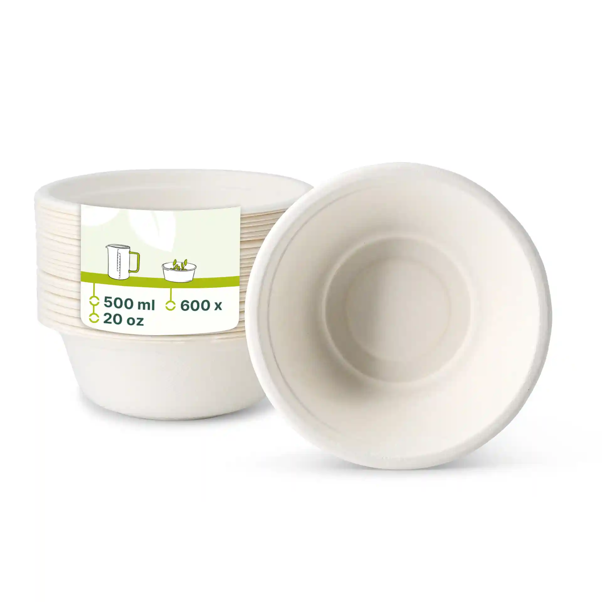 White round sugarcane bowls with a 500 ml capacity, stacked with one bowl turned to show the interior.