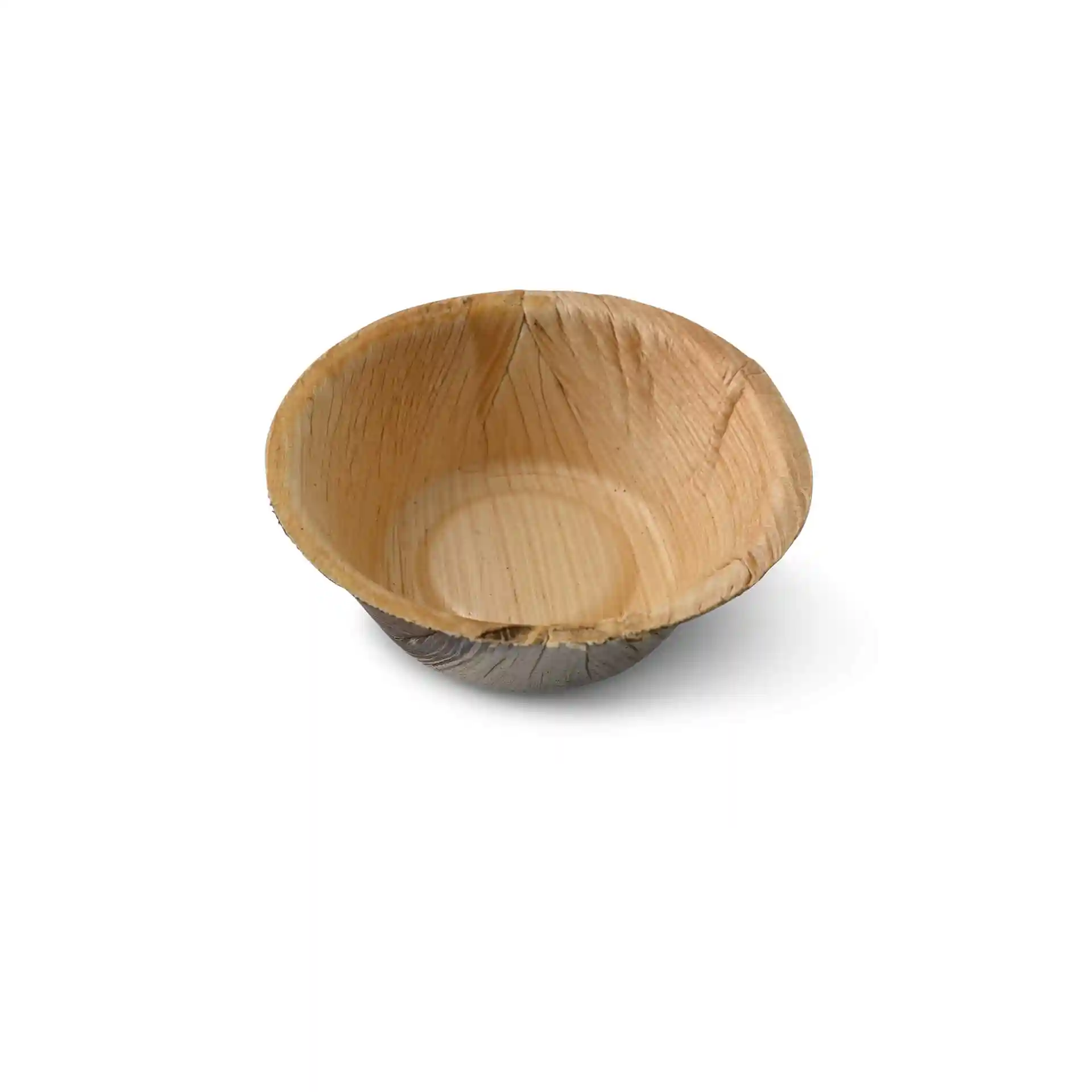 Round palm leaf bowl with a grain texture, measuring 70 mm in diameter and 25 mm in height.