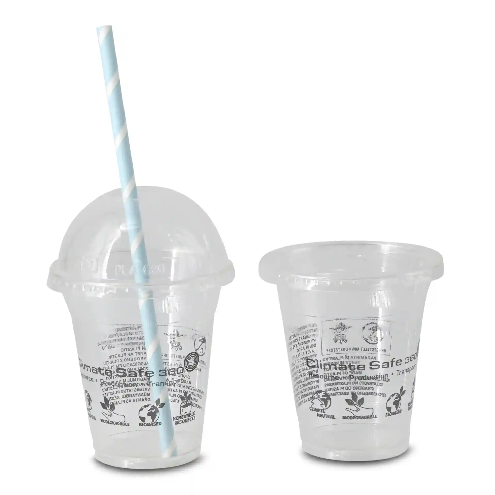 Transparente 12 oz PLA Smoothie-Becher mit einem blauen gestreiften Strohhalm, einer mit Deckel und einer ohne.