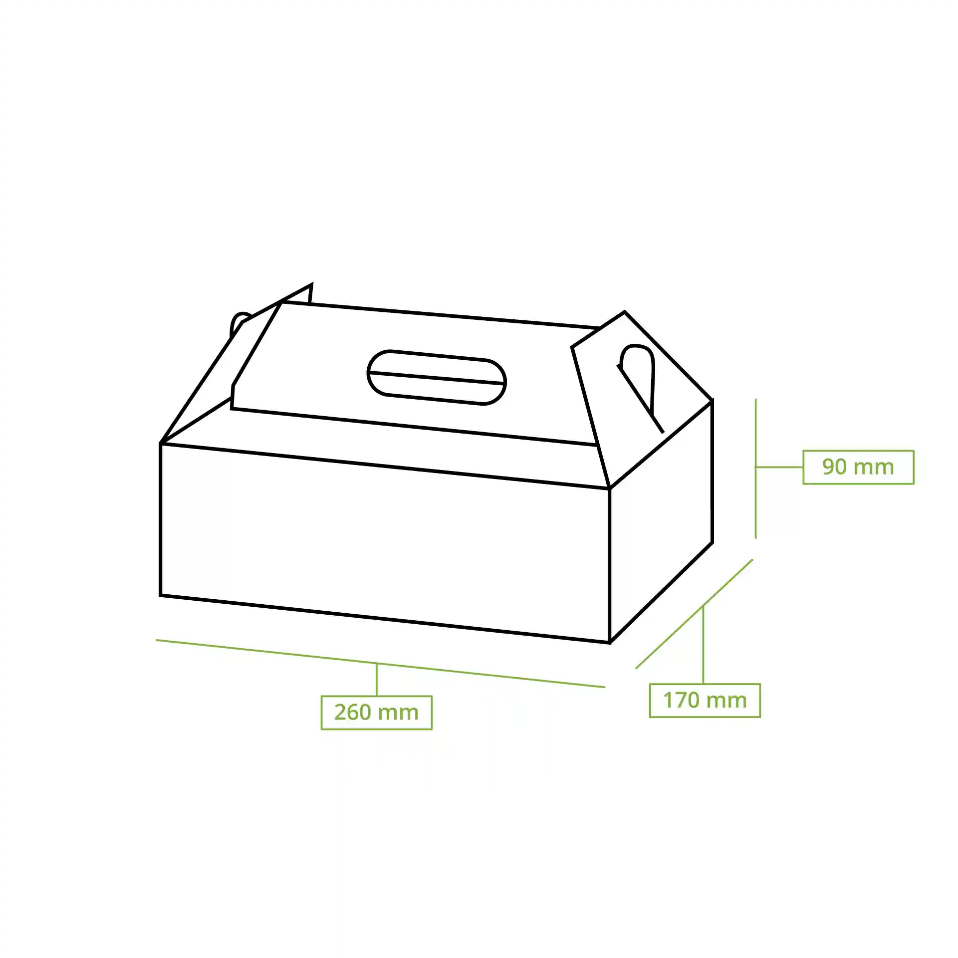 Schematic drawing of a foldable cardboard pastry box with dimensions labeled: 260 mm length, 170 mm width, 90 mm height.