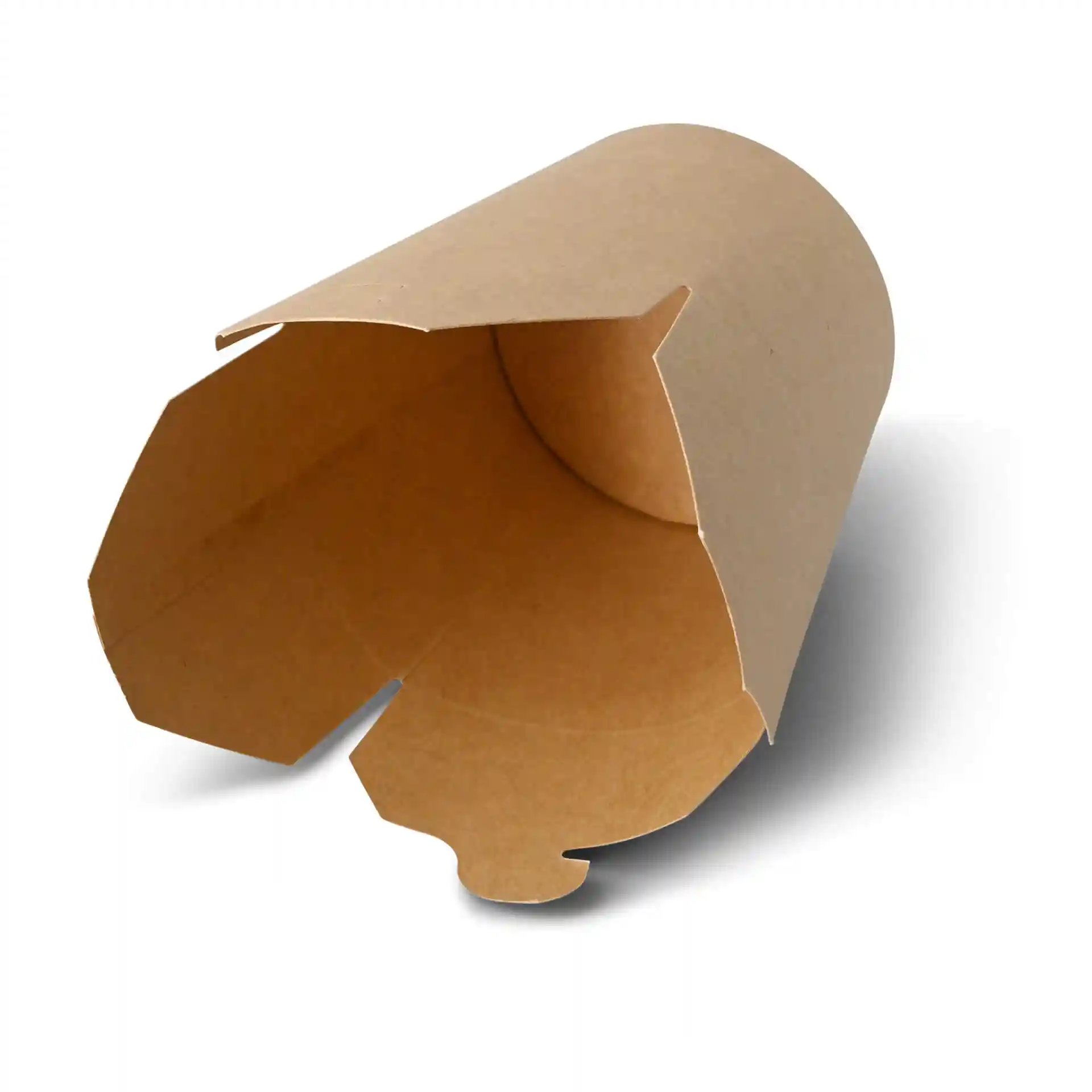 Brown cardboard noodle box with an open top, showing the interior and rounded shape.