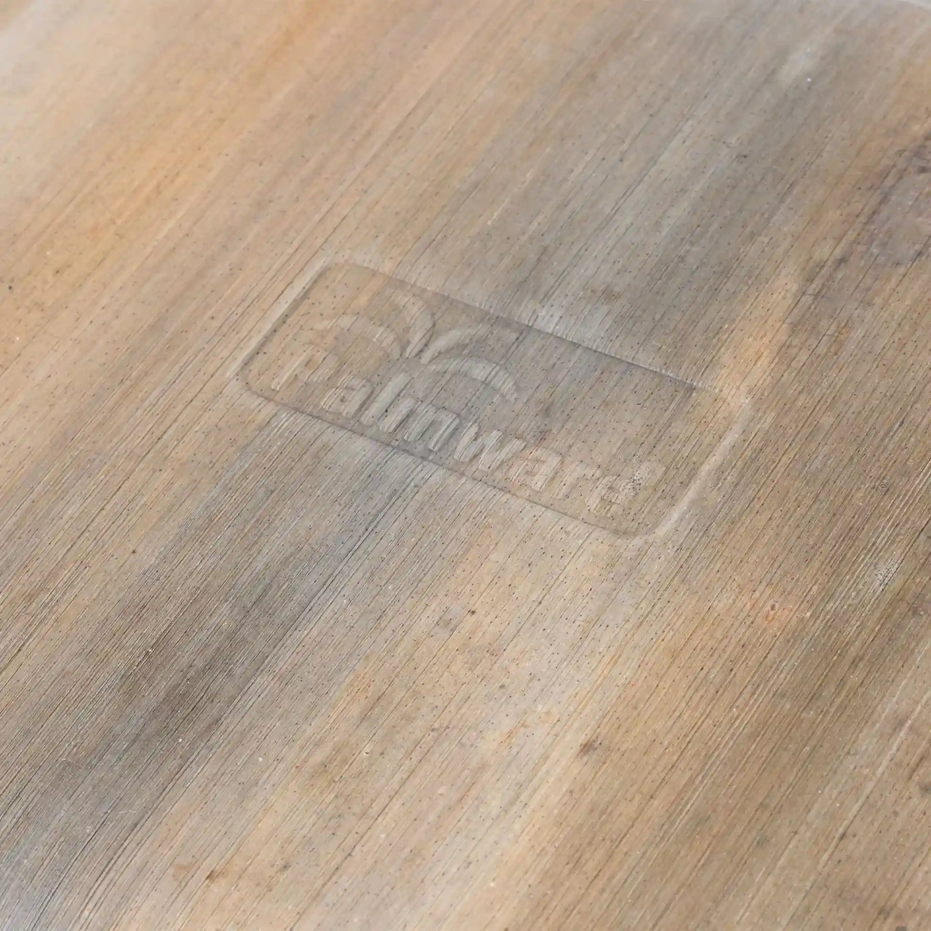 Close-up of a palm leaf plate showing a faint logo on a textured surface.