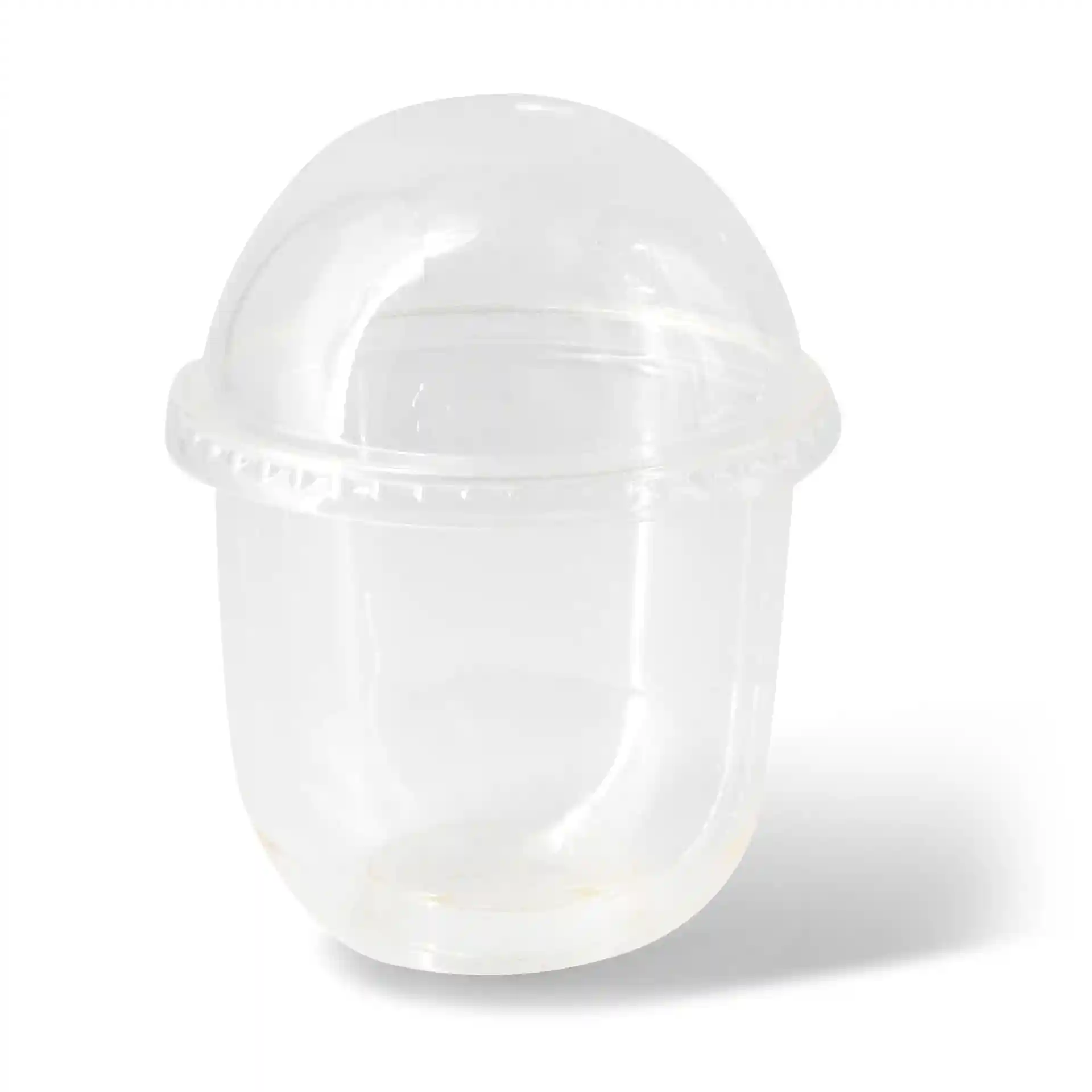 Transparenter 12 oz PLA Dessertbecher mit Kuppeldeckel, 83 mm hoch und 96 mm Durchmesser.