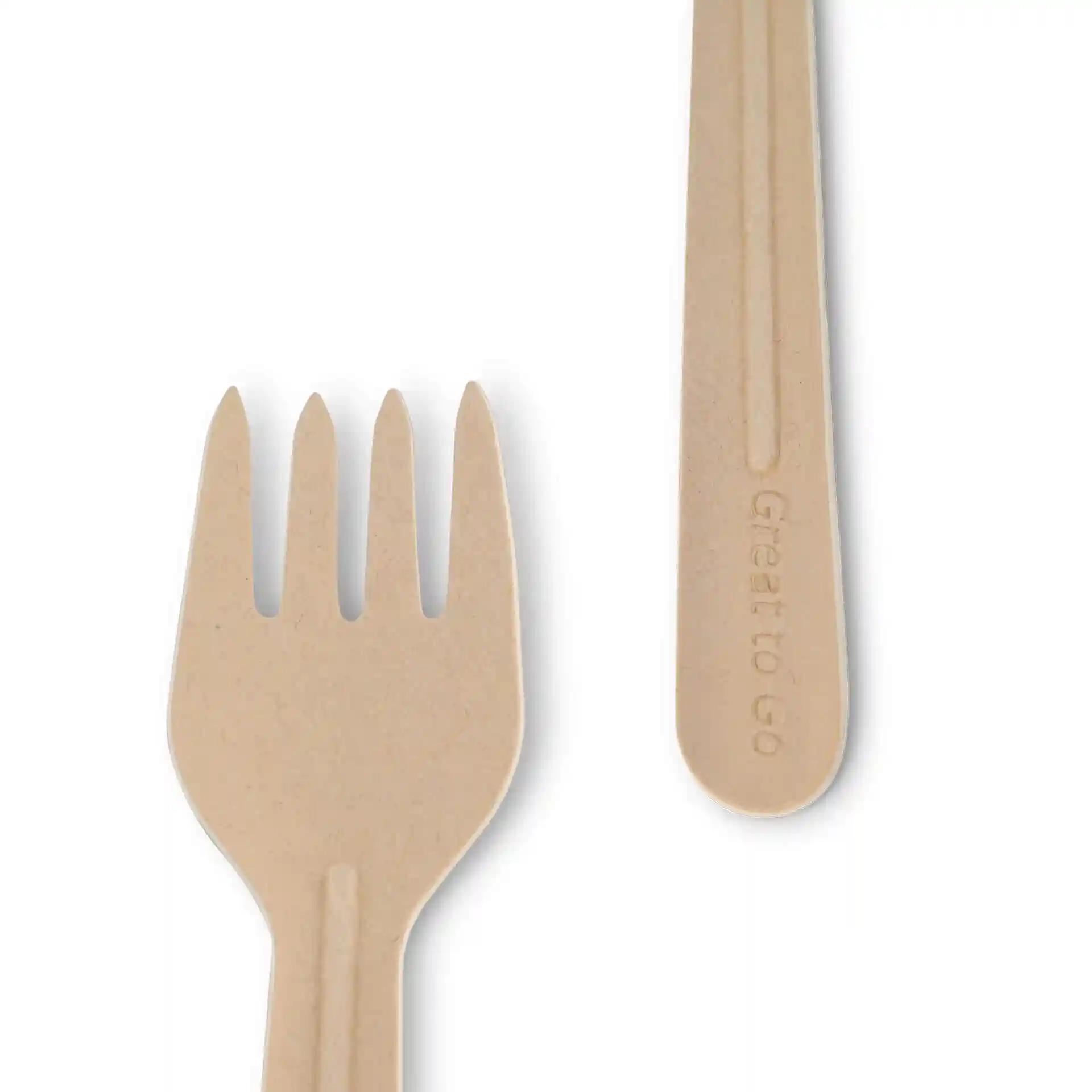 Brown paper fork with three prongs and a knife, both featuring a smooth surface.