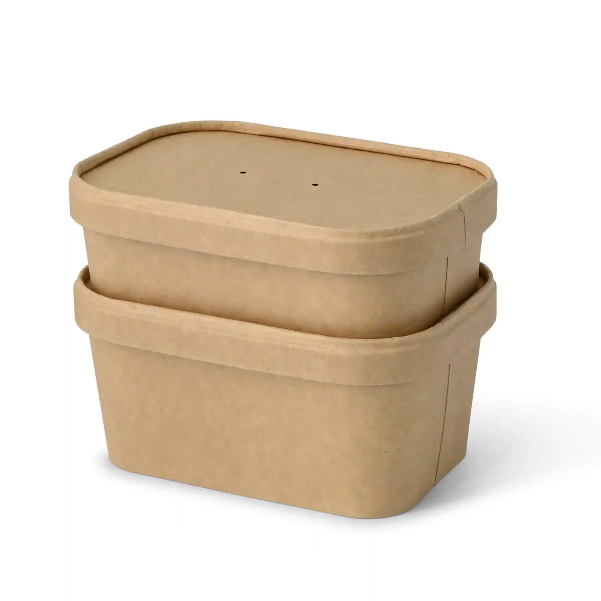 Brown rectangular cardboard containers with lids, stacked, showing two holes on the top of the upper container.