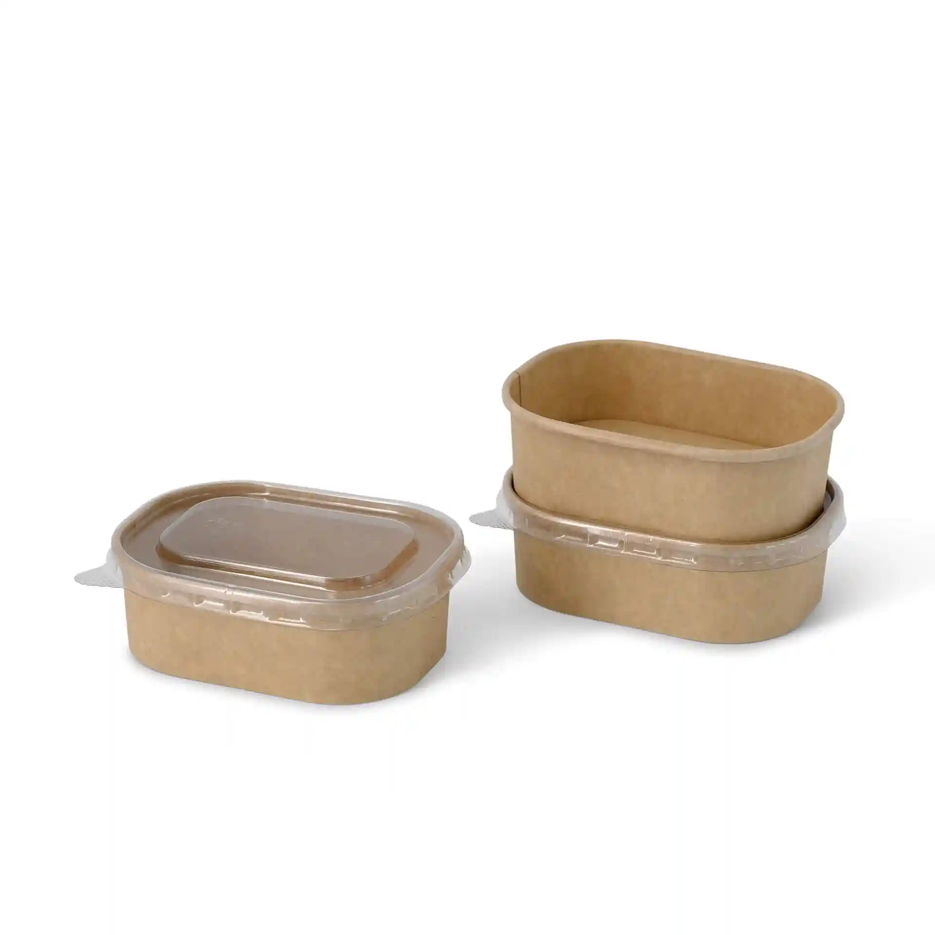 Rectangular kraft food containers in brown, one with a clear lid, stacked with another container beside it.