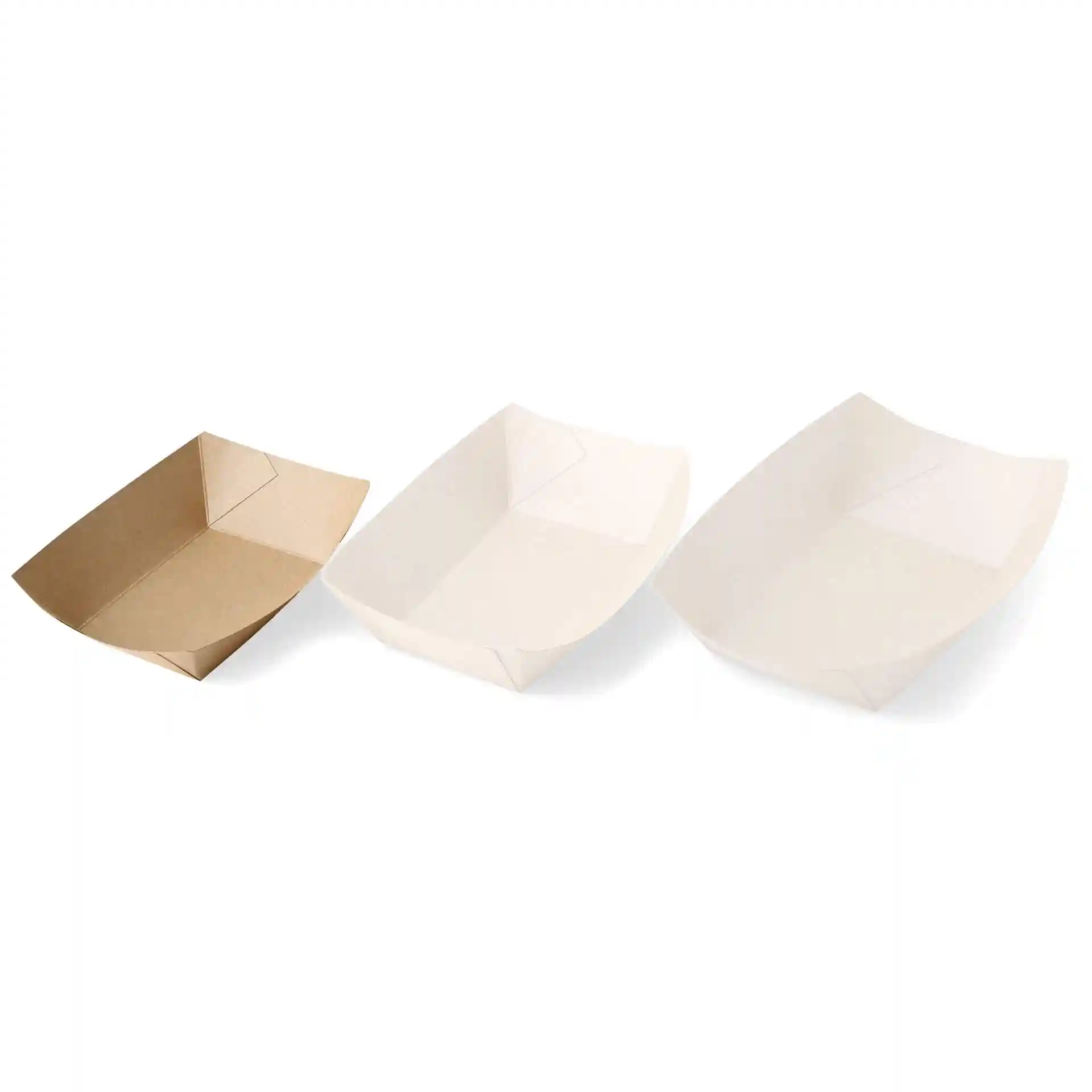 Image shows three cardboard food trays: one brown and two white, all with a rectangular shape and slightly curved edges.