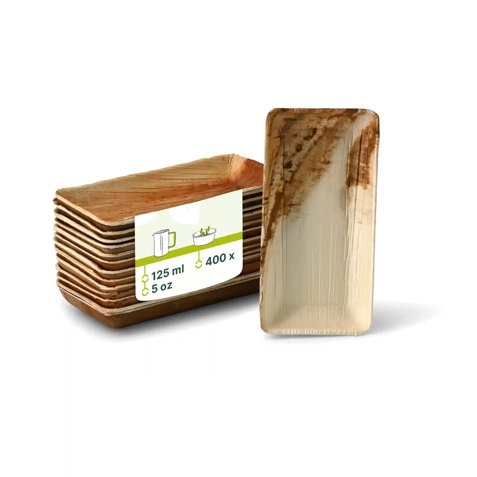 Stapel aus Palmblatt-Schalen mit einer Schale, die eine rechteckige Form und natürliche Holzfarbe zeigt.