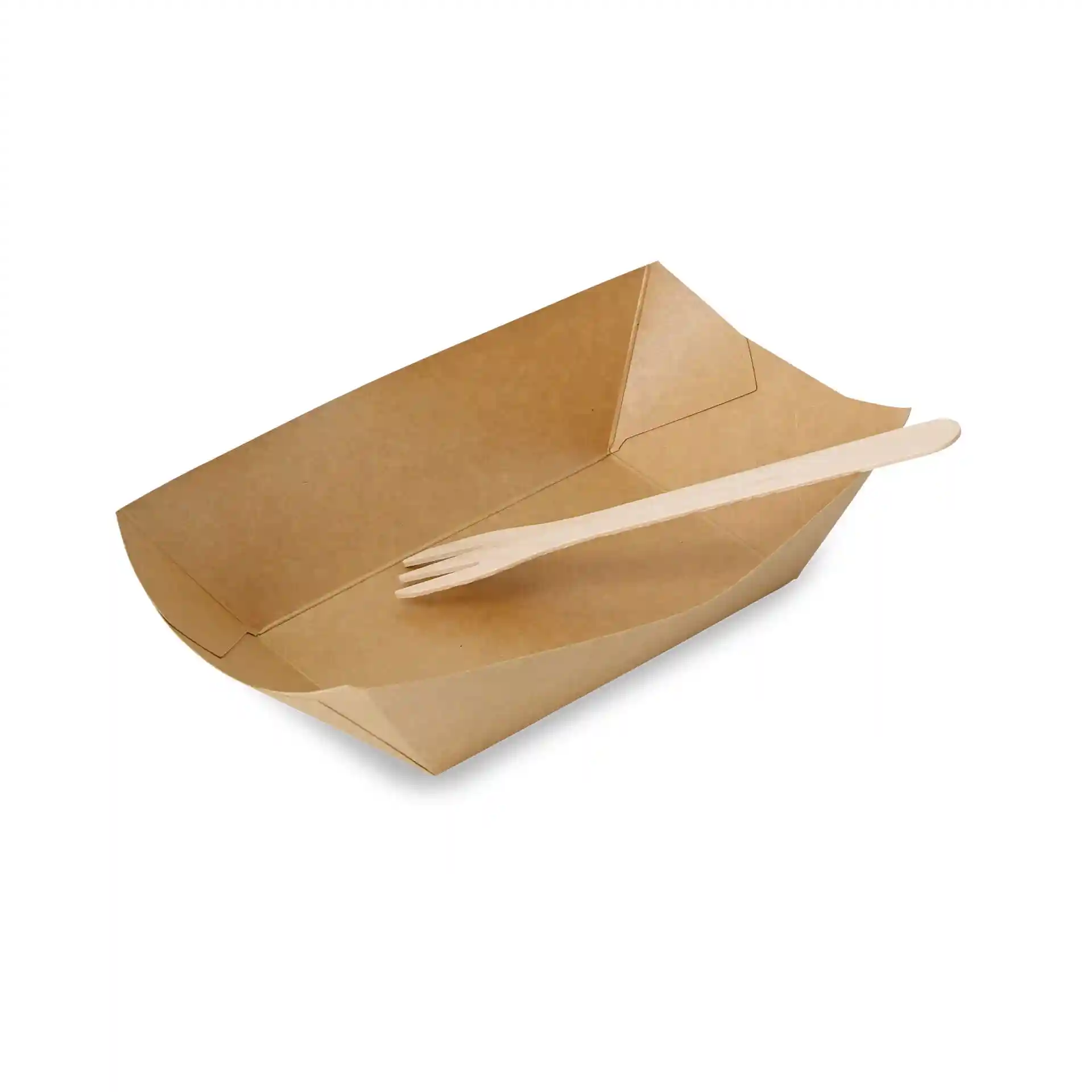 Brown cardboard snack tray with a wooden fork, measuring 21.5 x 16 x 5.5 cm.