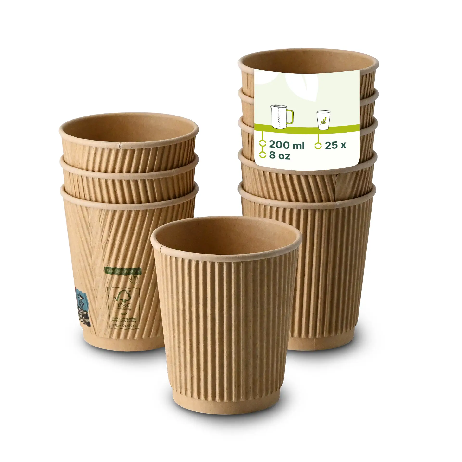 Brown ribbed paper cups stacked, with one cup in front, showing a label indicating 200 ml and 25 cups total.