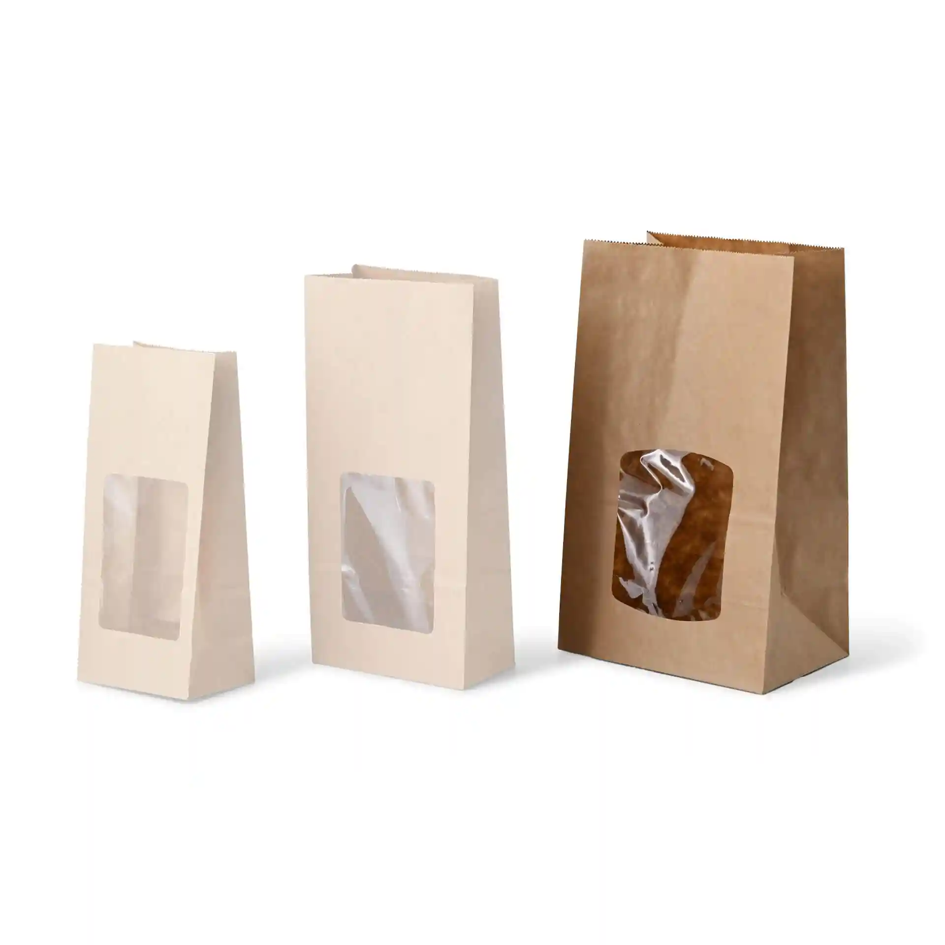 Three block bottom bags with PLA windows in brown kraft paper, varying sizes, displayed on a white background.