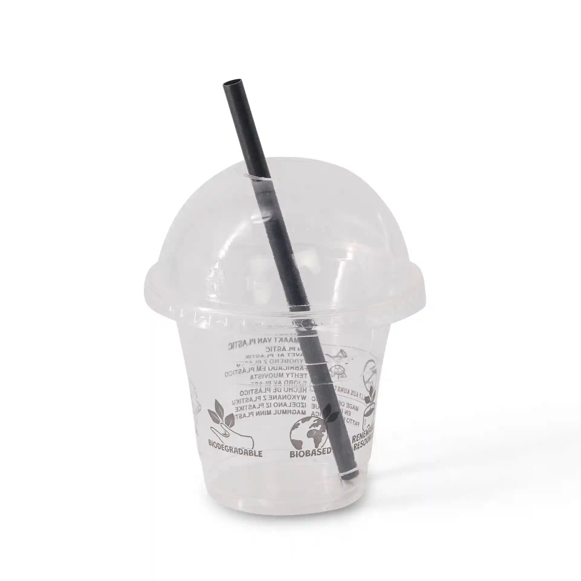 Clear plastic cup with a dome lid and a black straw inserted, featuring printed markings on the side.