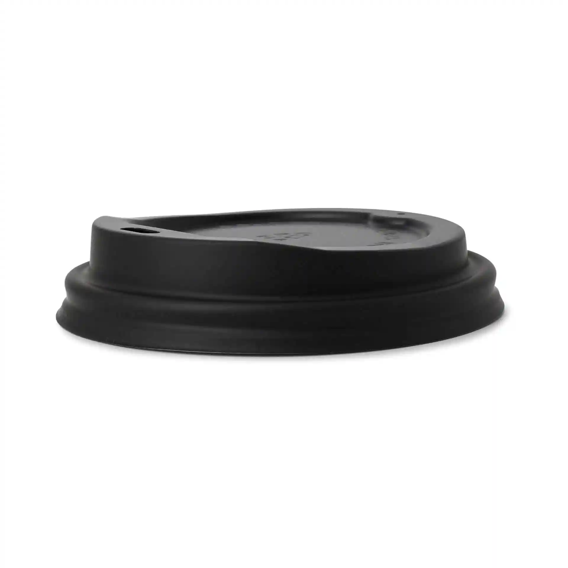 Black CPLA lid with a drinking hole, measuring 90 mm in diameter and 20 mm in height.
