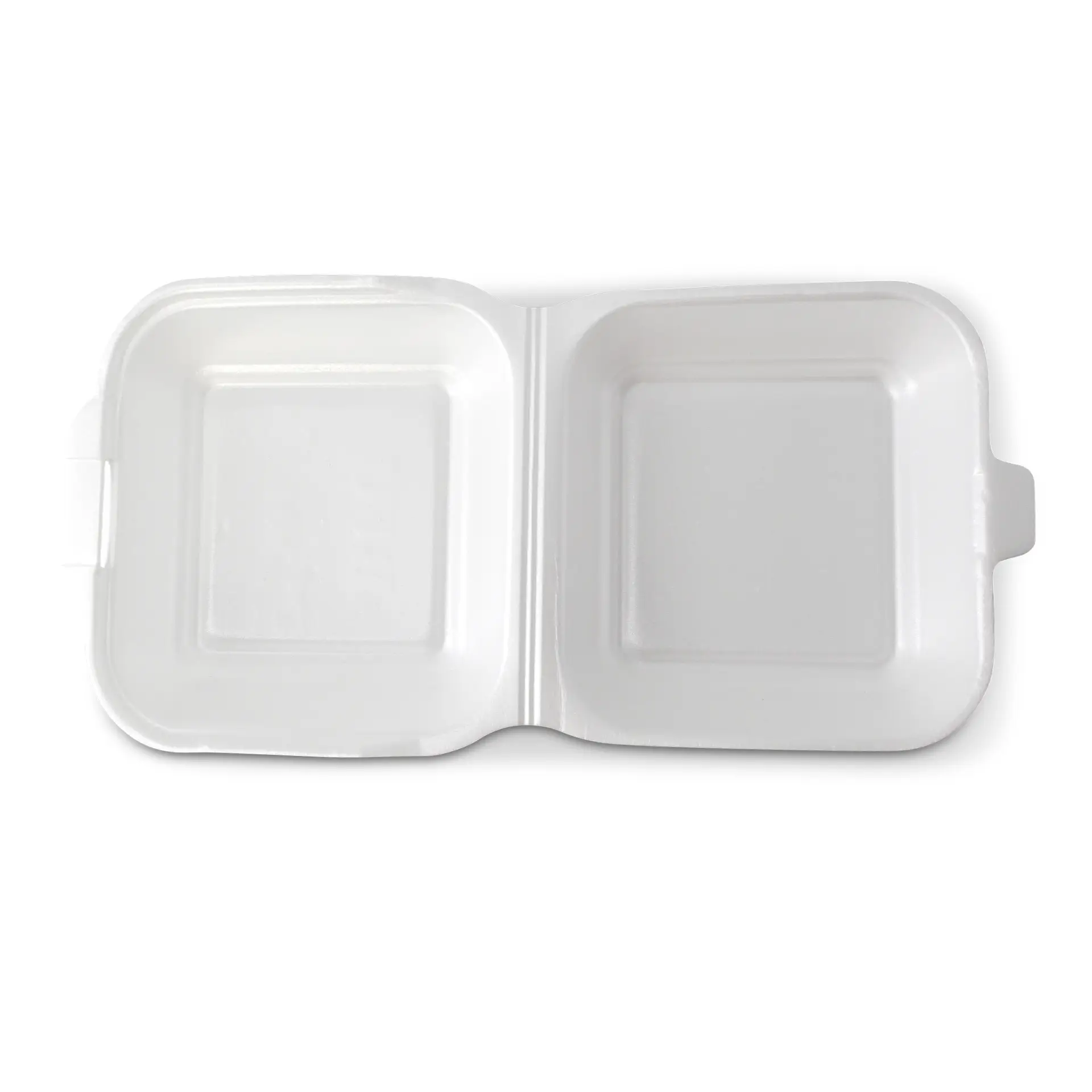 White two-compartment food container with a hinged lid, suitable for takeout and food storage.