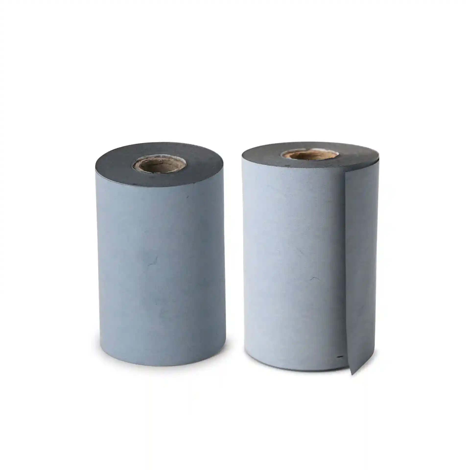 Two rolls of grey thermal paper, each 57 mm wide and 15 m long, with a 38 mm core diameter.