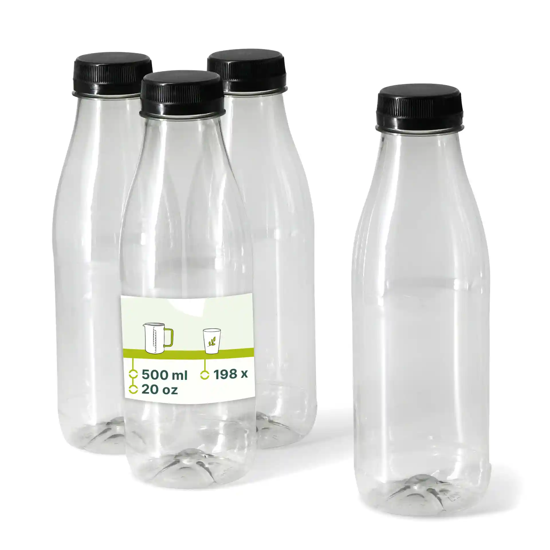 Klare rPET-Flaschen mit schwarzen Deckeln, 500 ml Kapazität, in einer Gruppe von vier angezeigt.
