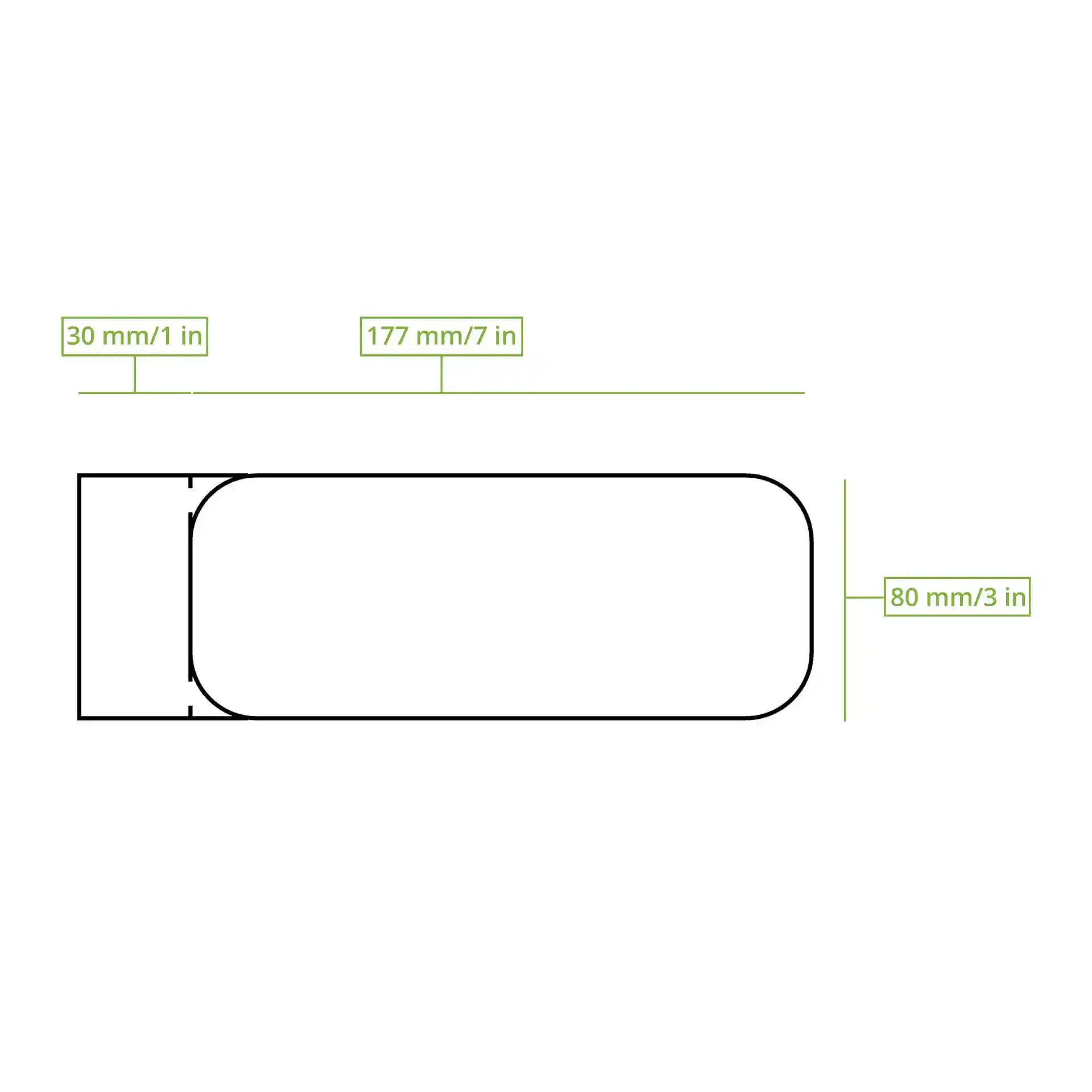 Schematische Zeichnung eines rechteckigen Papiertellers mit Maßlinien von 177 mm Länge und 80 mm Breite.