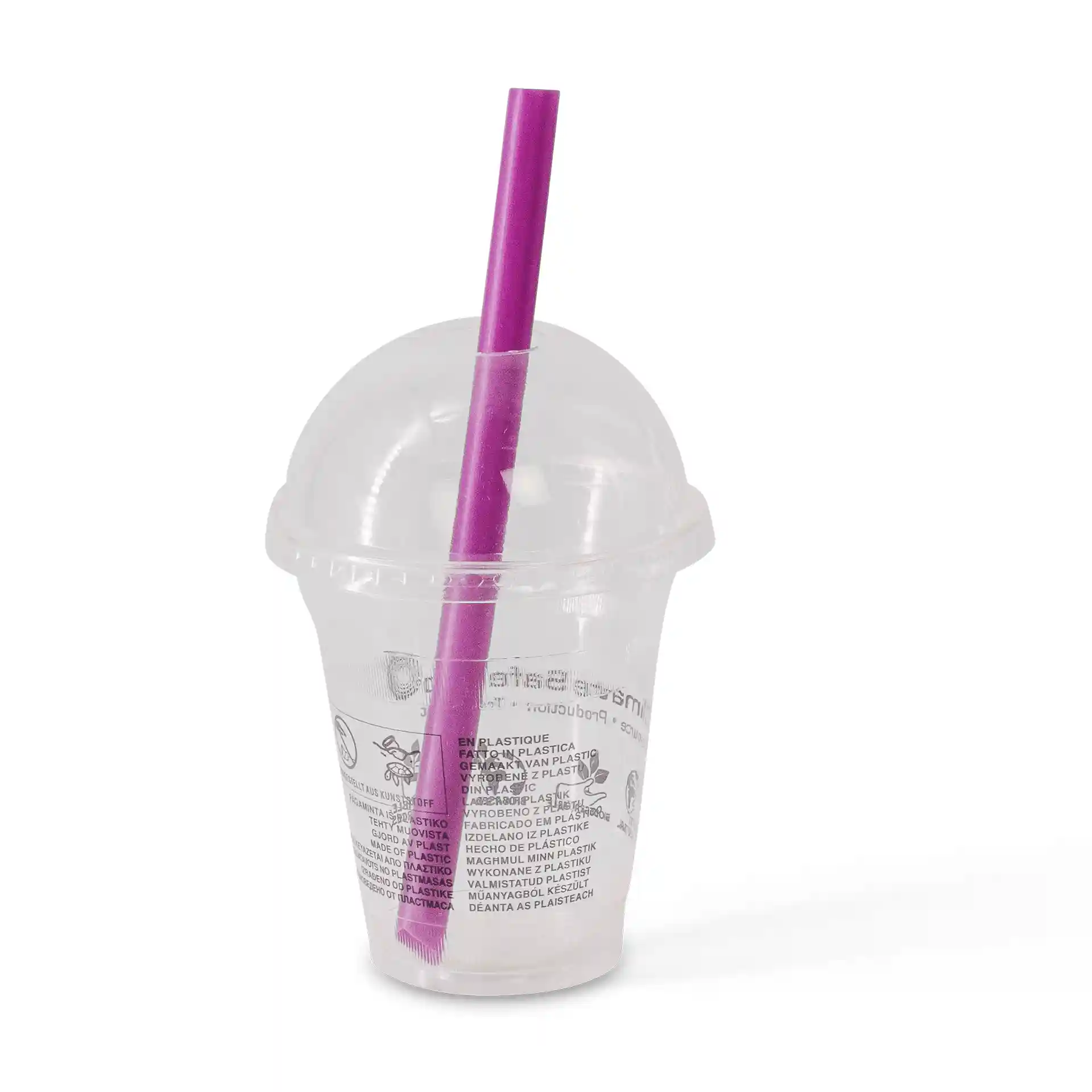 Clear plastic cup with a dome lid and a purple straw inserted, featuring printed markings on the cup.