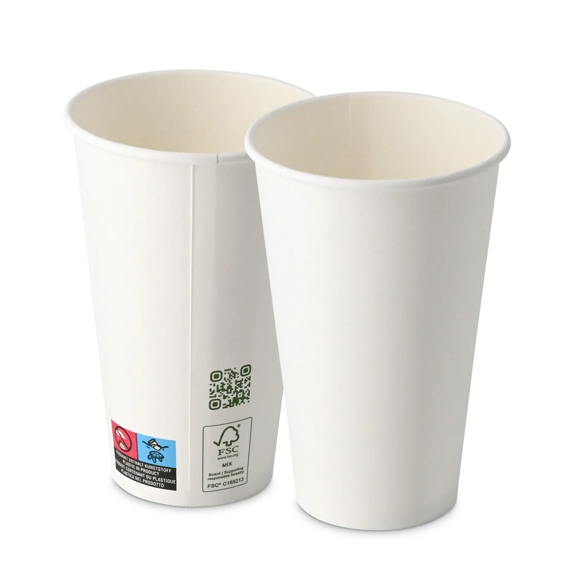 Two white paper cups, 400 ml capacity, single wall, with a diameter of 90 mm, shown from the side.