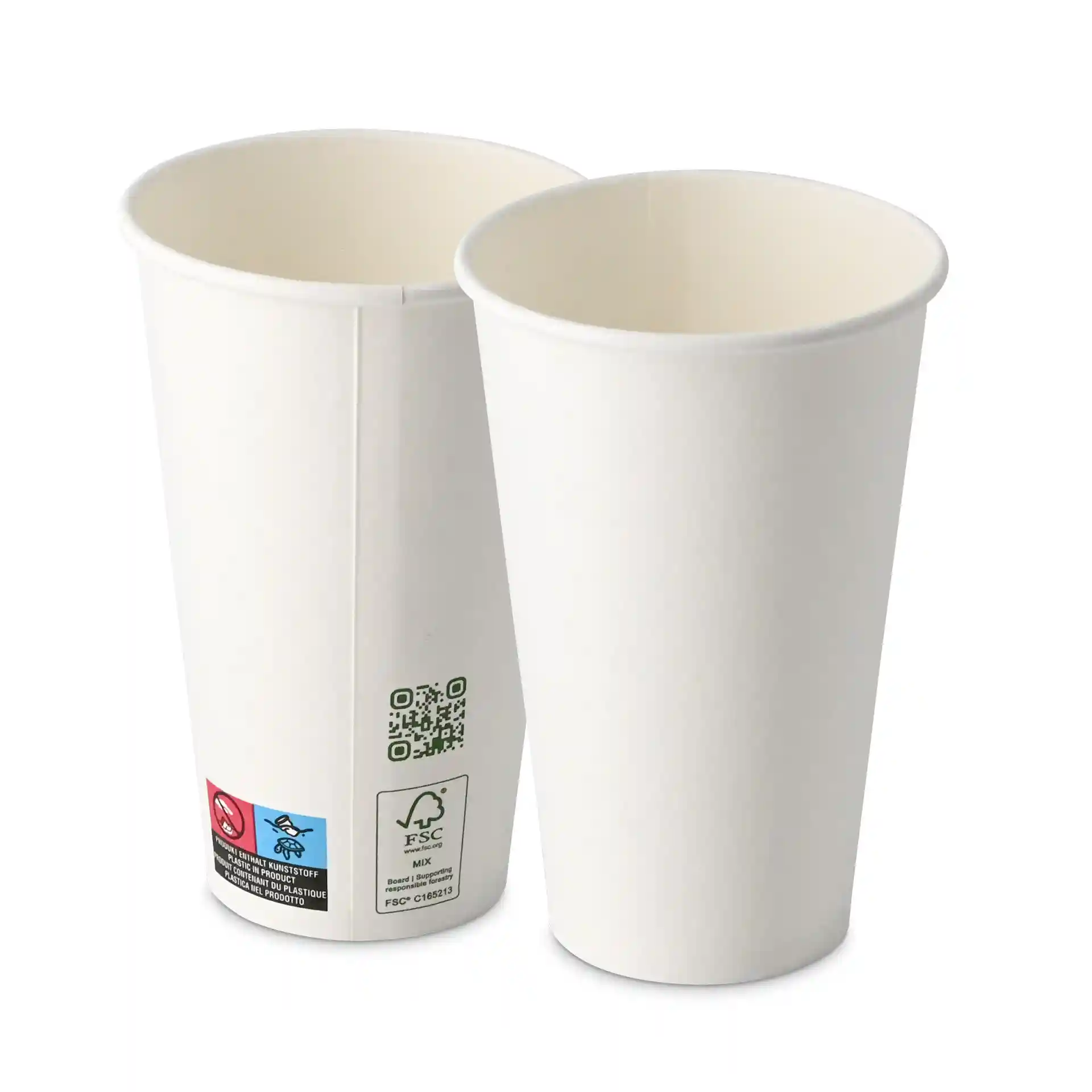 Zwei weiße Pappbecher, 400 ml Fassungsvermögen, einwandig, mit einem Durchmesser von 90 mm, seitlich gezeigt.