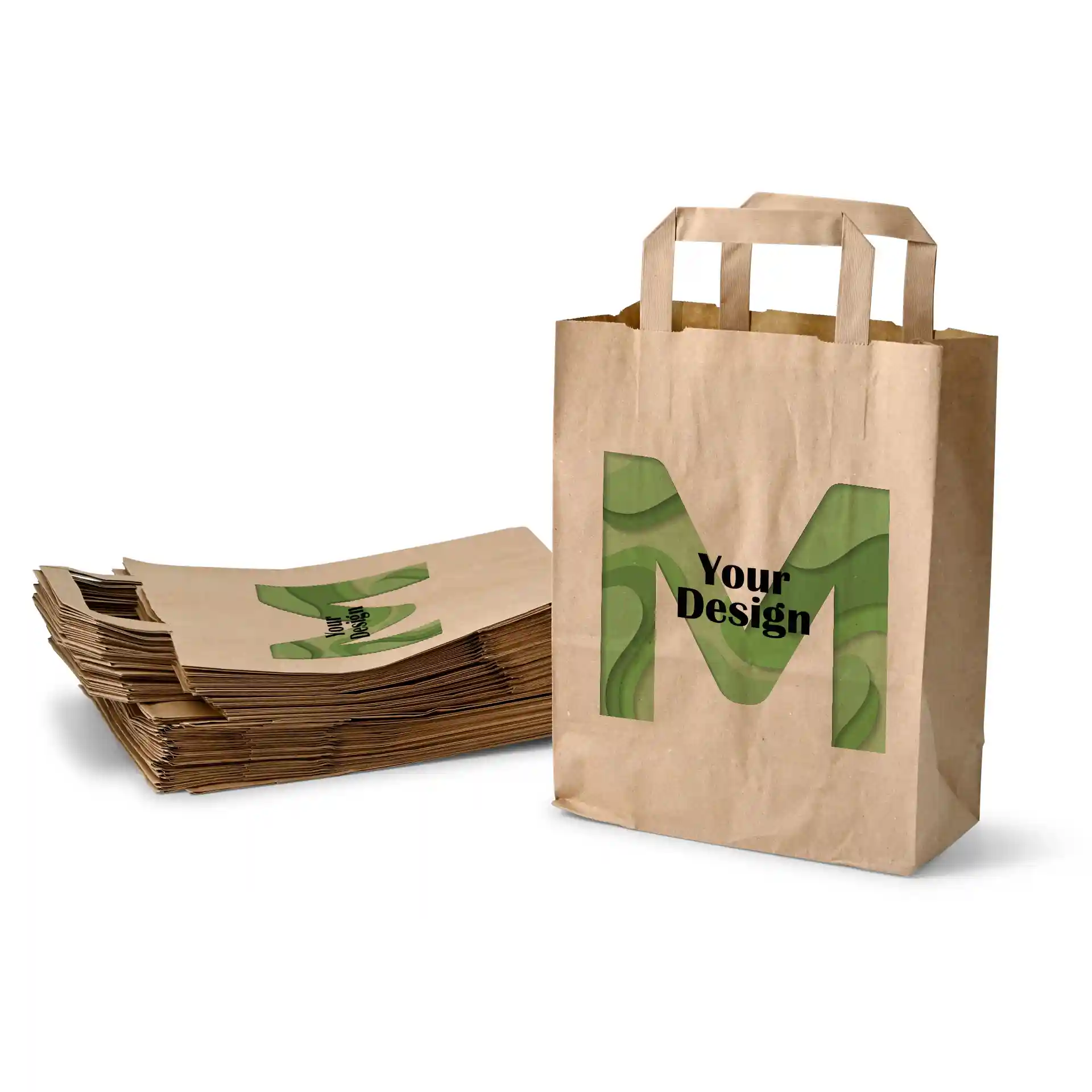 Braune Papiertasche in rechteckiger Form mit einem Design, das den Buchstaben 'M' und den Satz 'Dein Design' zeigt.
