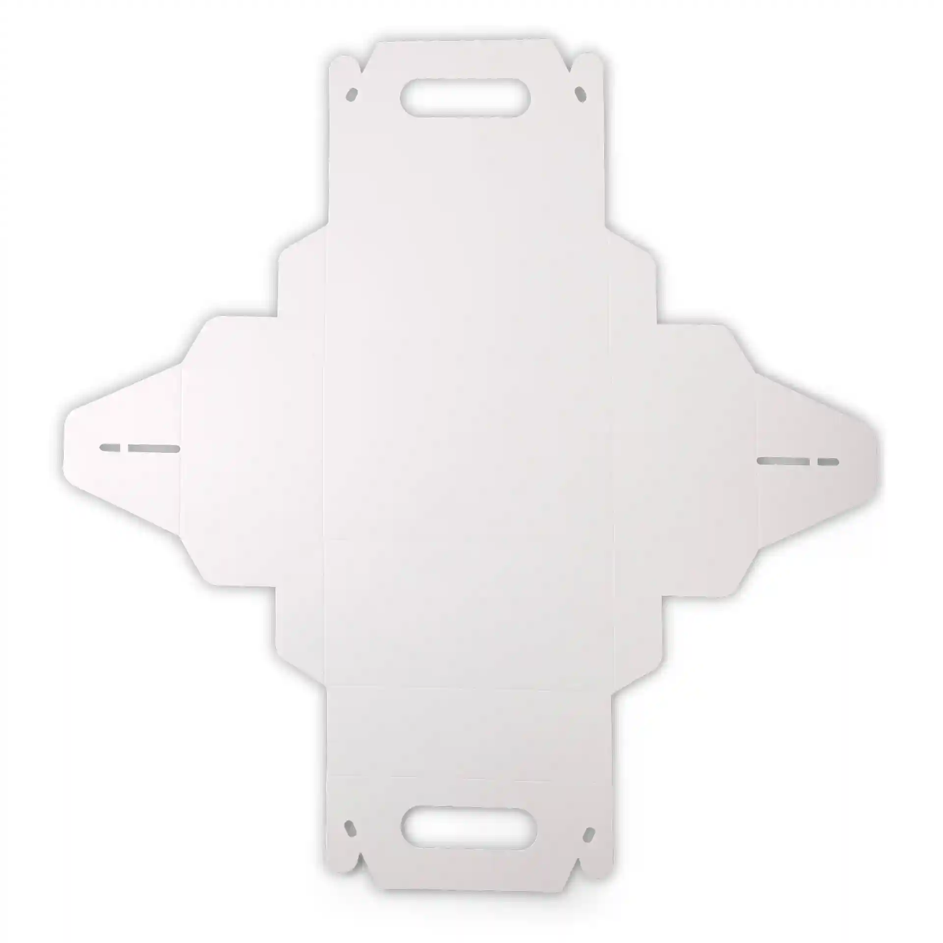 White rectangular cardboard pastry box with handle, foldable design, dimensions 18 x 11 x 9 cm.