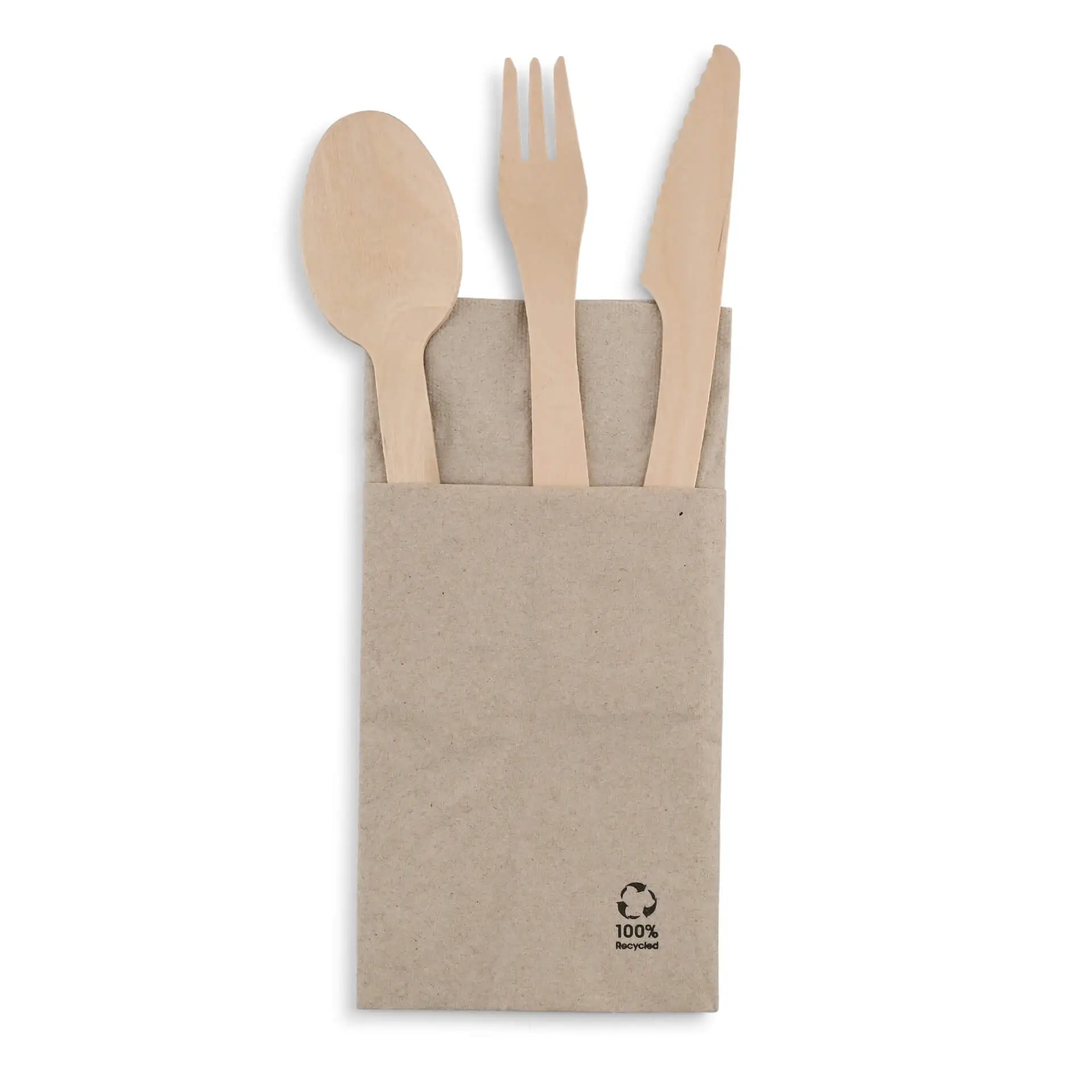 Wooden spoon, fork, and knife in a brown paper pouch, with the utensils partially visible.