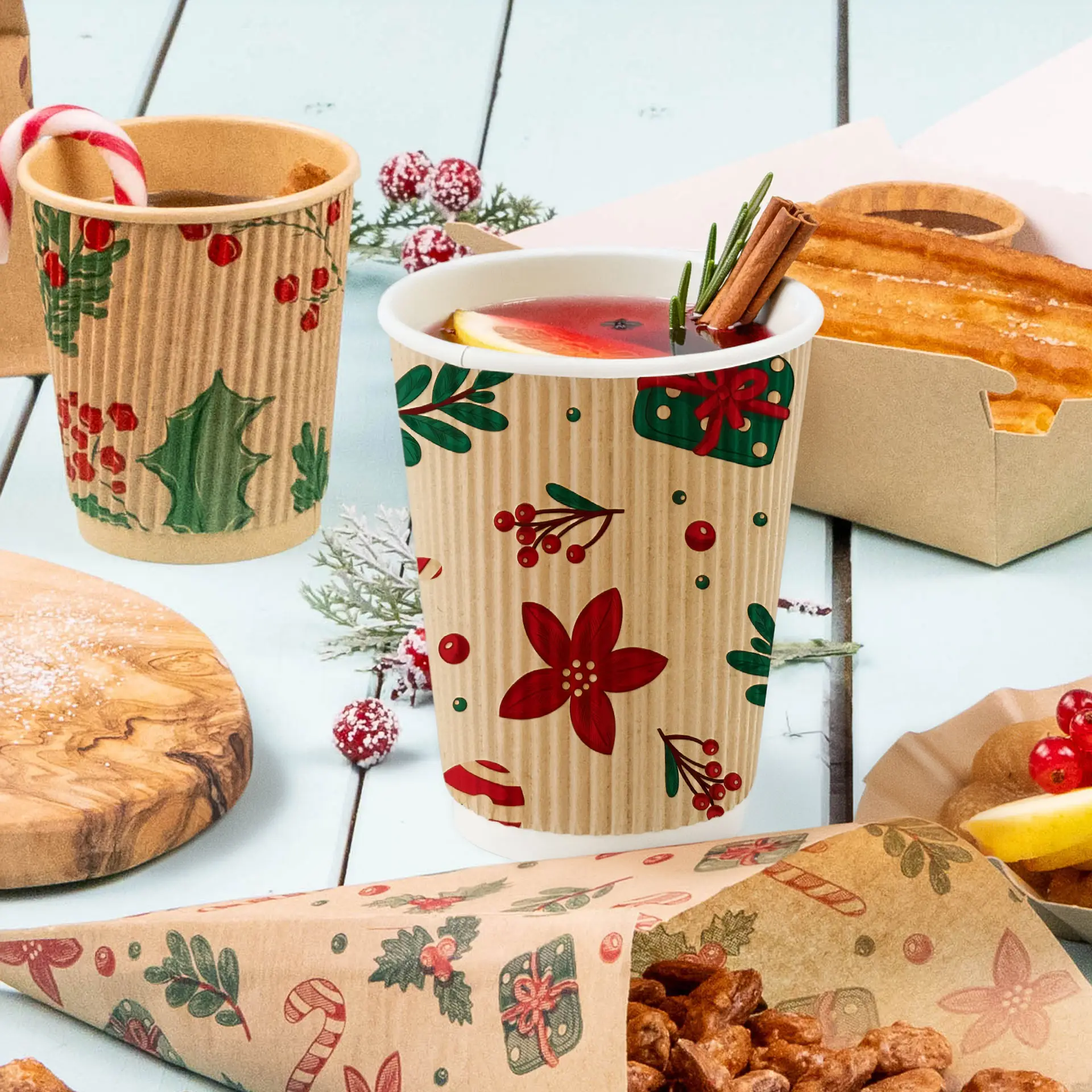 Brown ripple cup with winter design, 300 ml capacity, featuring red and green floral patterns, placed on a light blue surface.