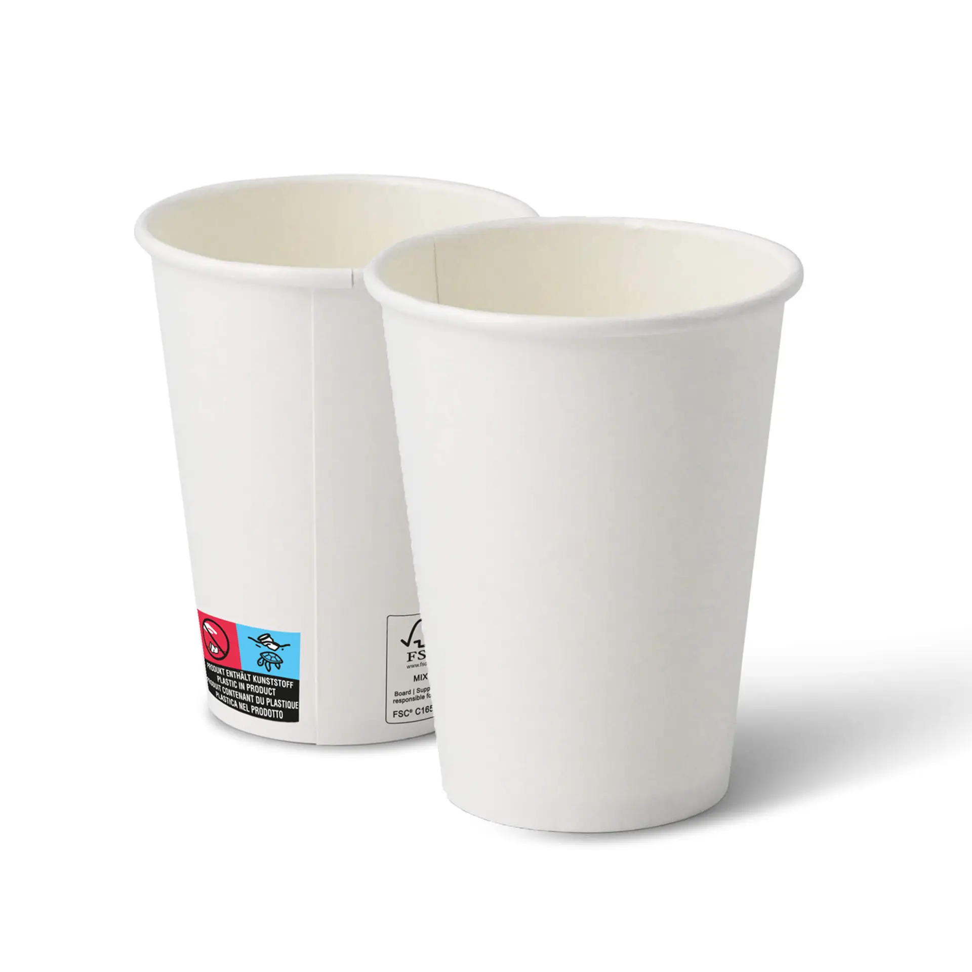 Zwei 12 oz weiße Papierbecher mit klassischem Design; ein Becher zeigt Etiketten mit Markierungen.