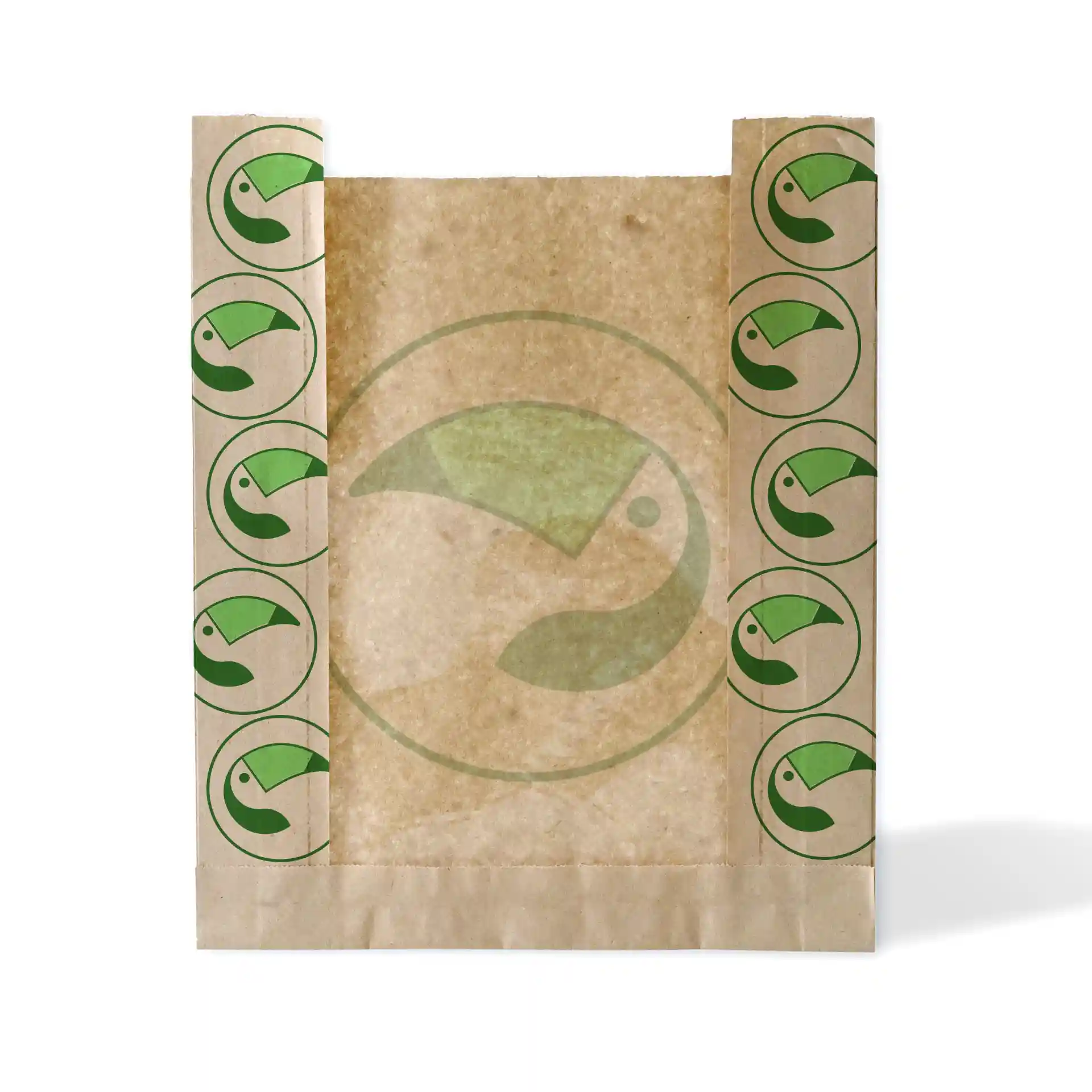 Brown printed paper bag with a window, featuring green circular designs along the sides, size S – 20 × 5 × 27 cm.